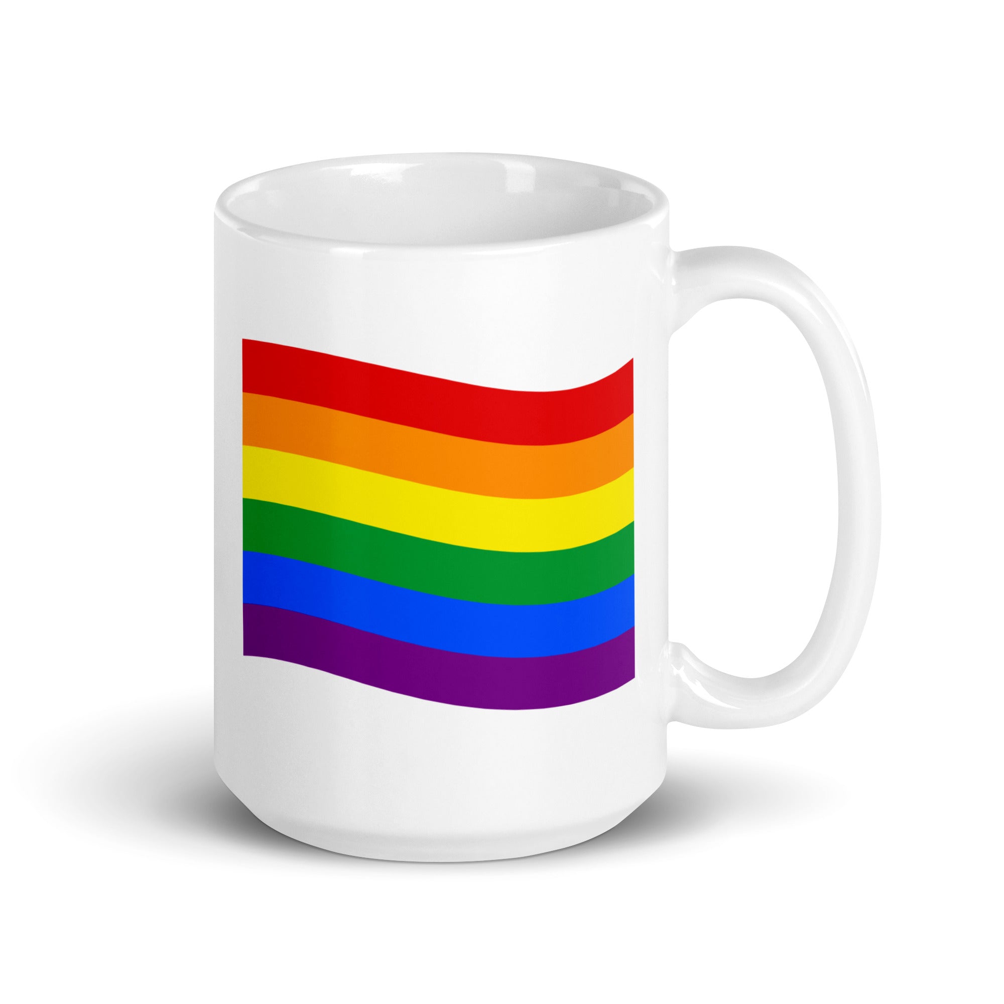 Introducing the Pridelity Pride Flag Mug, a white mug from the Pride Collections 2025 designed with a vivid rainbow flag showcasing horizontal stripes of red, orange, yellow, green, blue, and purple.