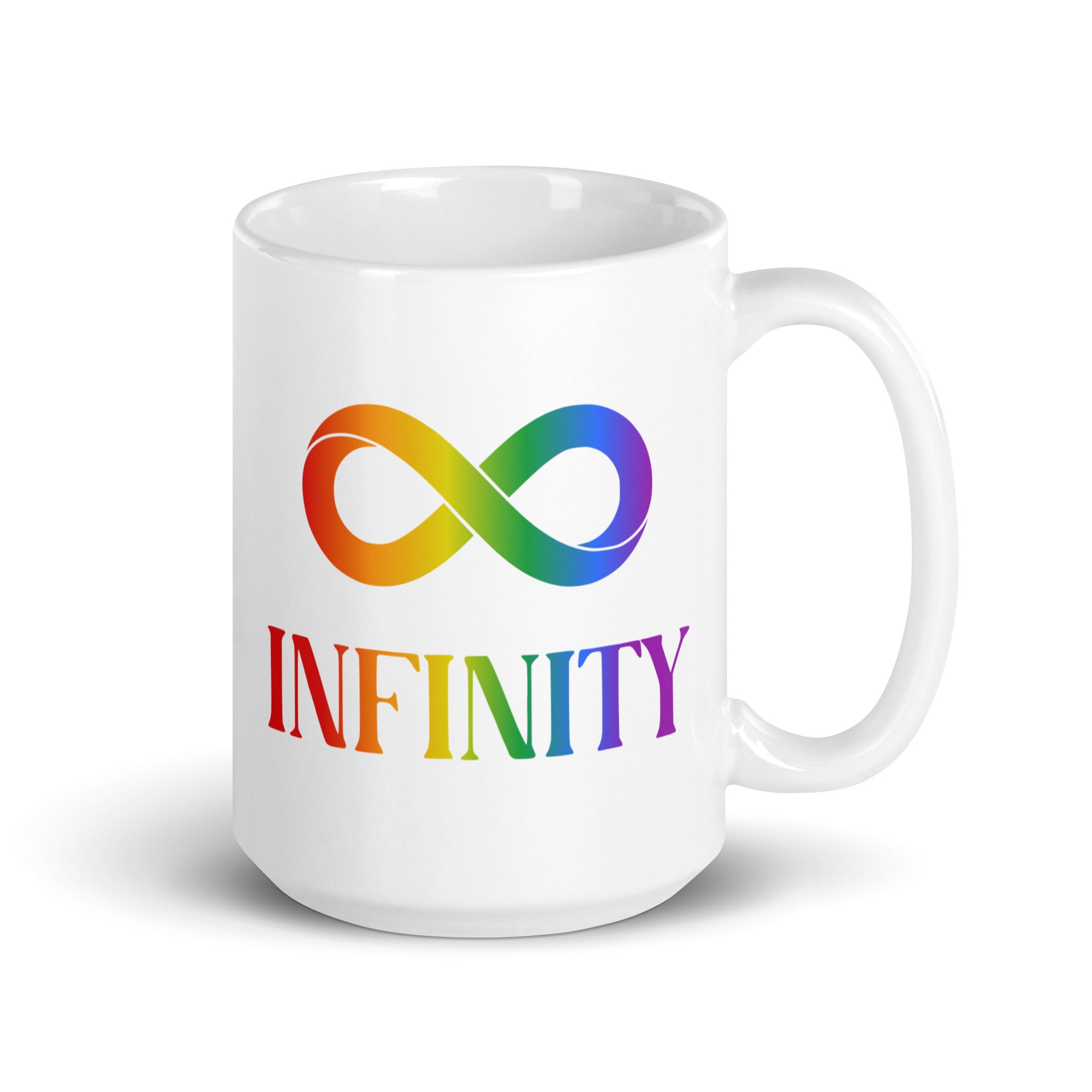 The Infinity Mug by Pridelity showcases a vibrant infinity symbol above the word 