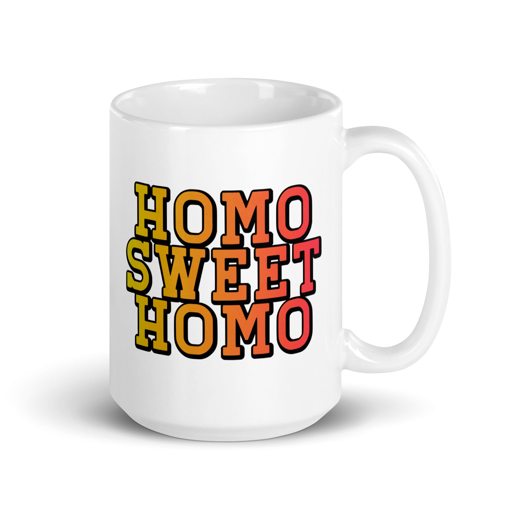 The Homo Sweet Homo Mug by Pridelity features colorful gradient text that reads 