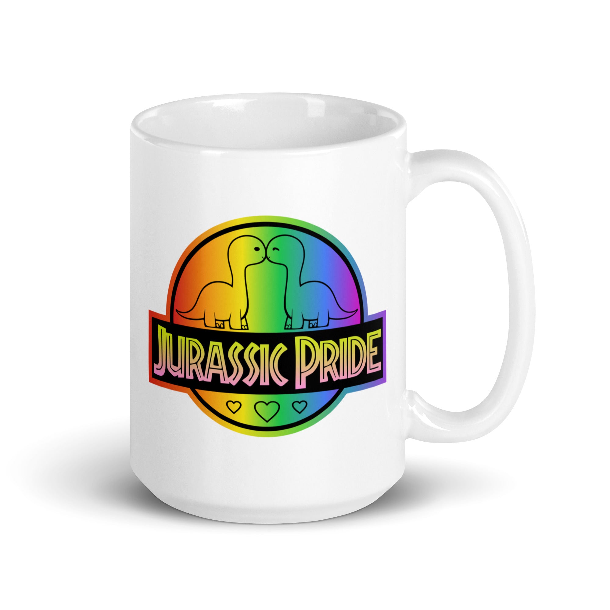 Pridelity's Jurassic Pride Mug features a bright, rainbow-colored circular logo with two dinosaurs facing each other above the words 