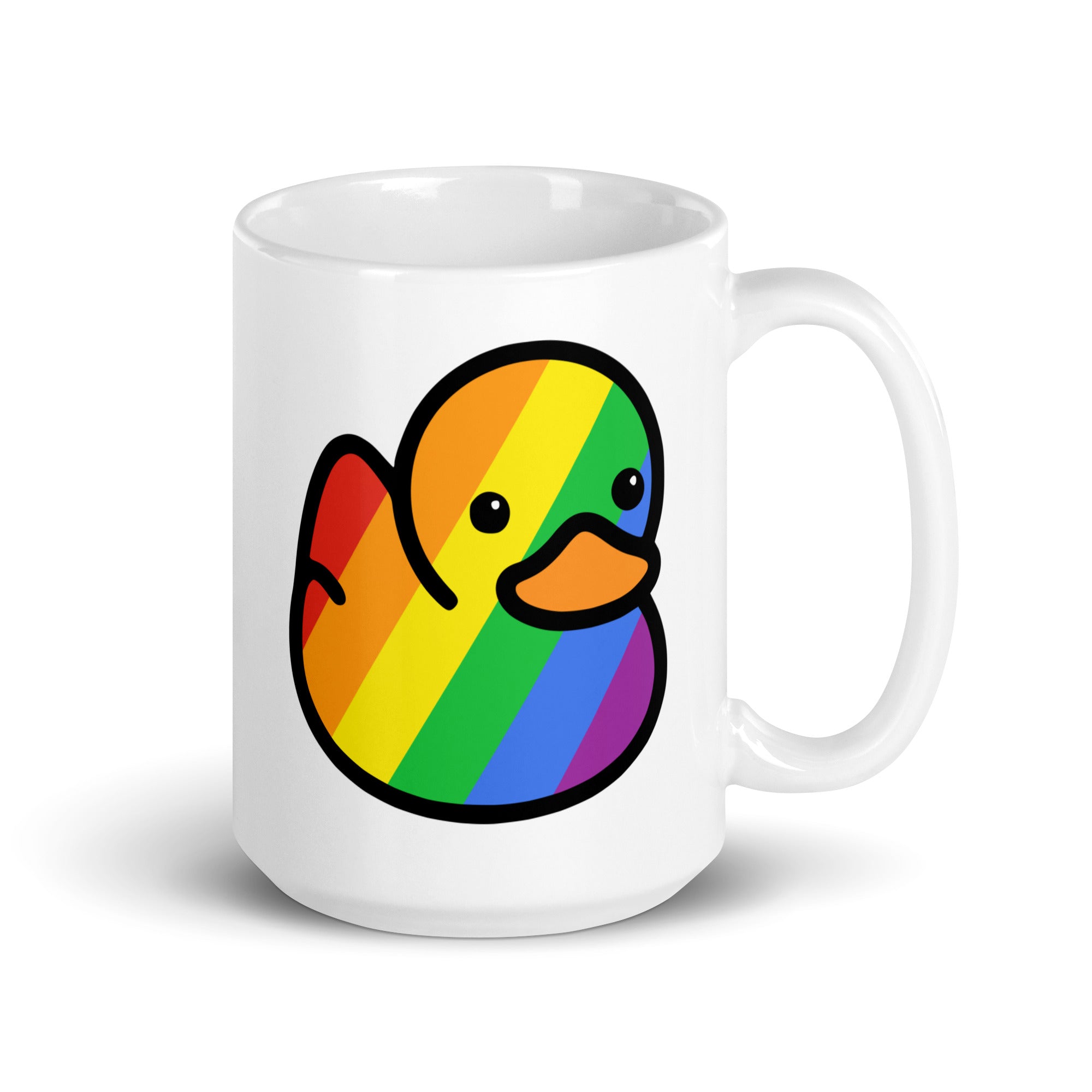 The Pride Duck Mug by Pridelity, from the Pride Collections 2025, showcases a cartoon rubber duck with a rainbow-colored body. The cute and simple design includes black outlines and an orange beak.