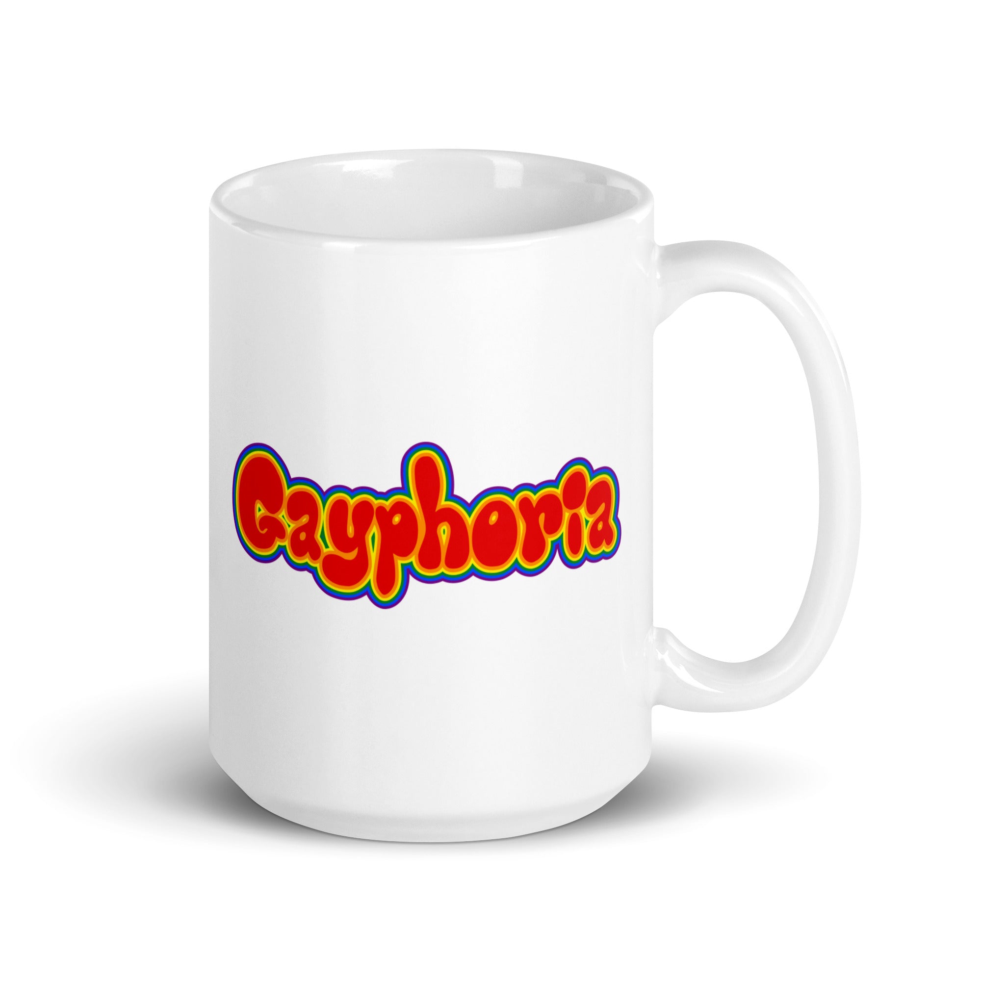 Introducing the Gayphoria Mug by Pridelity—a white mug adorned with vibrant, bold lettering that spells out 