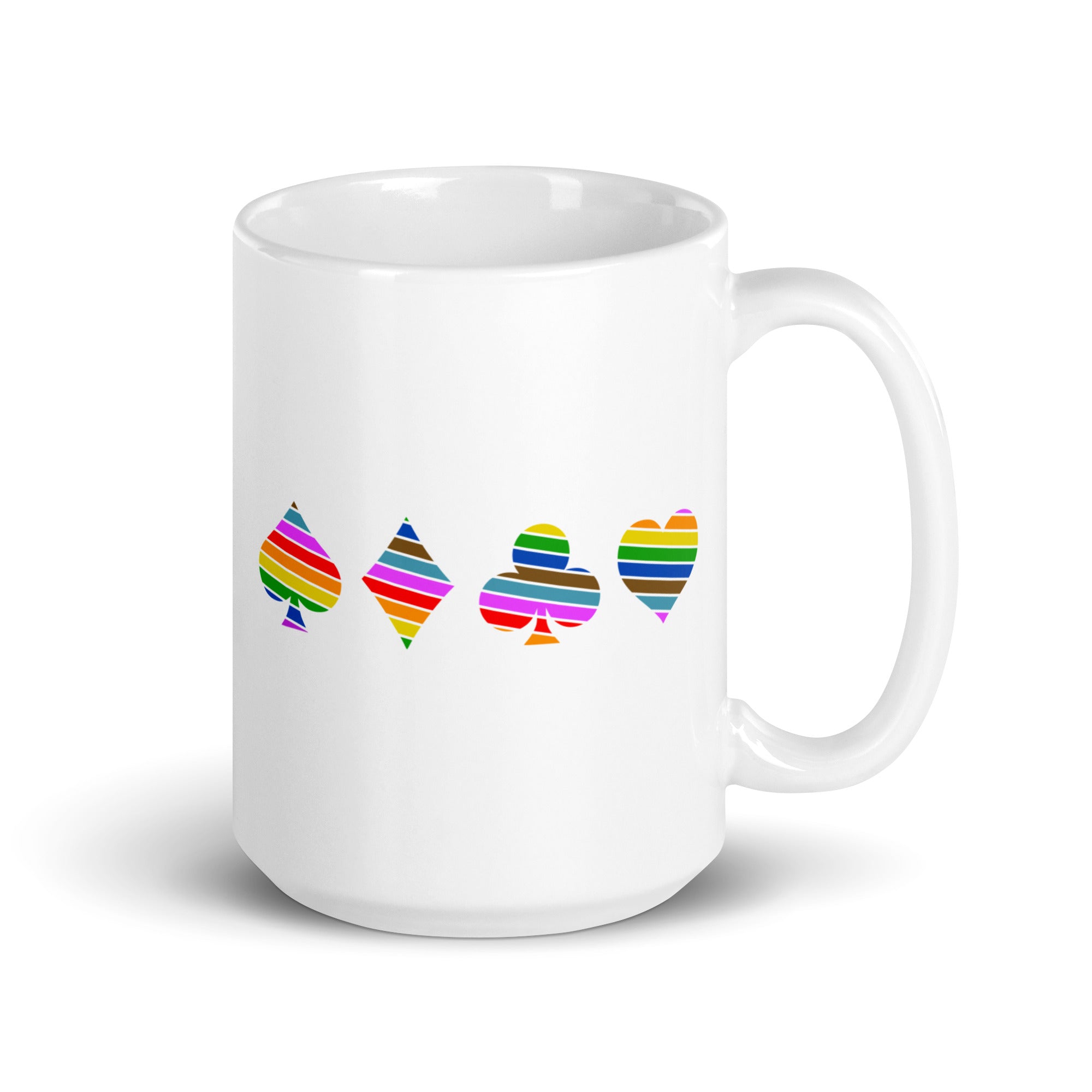 The Deck Of Pride Mug by Pridelity showcases colorful, striped designs of playing card suits—spade, diamond, club, and heart—lined up horizontally on a white background. This vibrant piece is part of our exclusive Pride Collections, celebrating diversity with every sip.