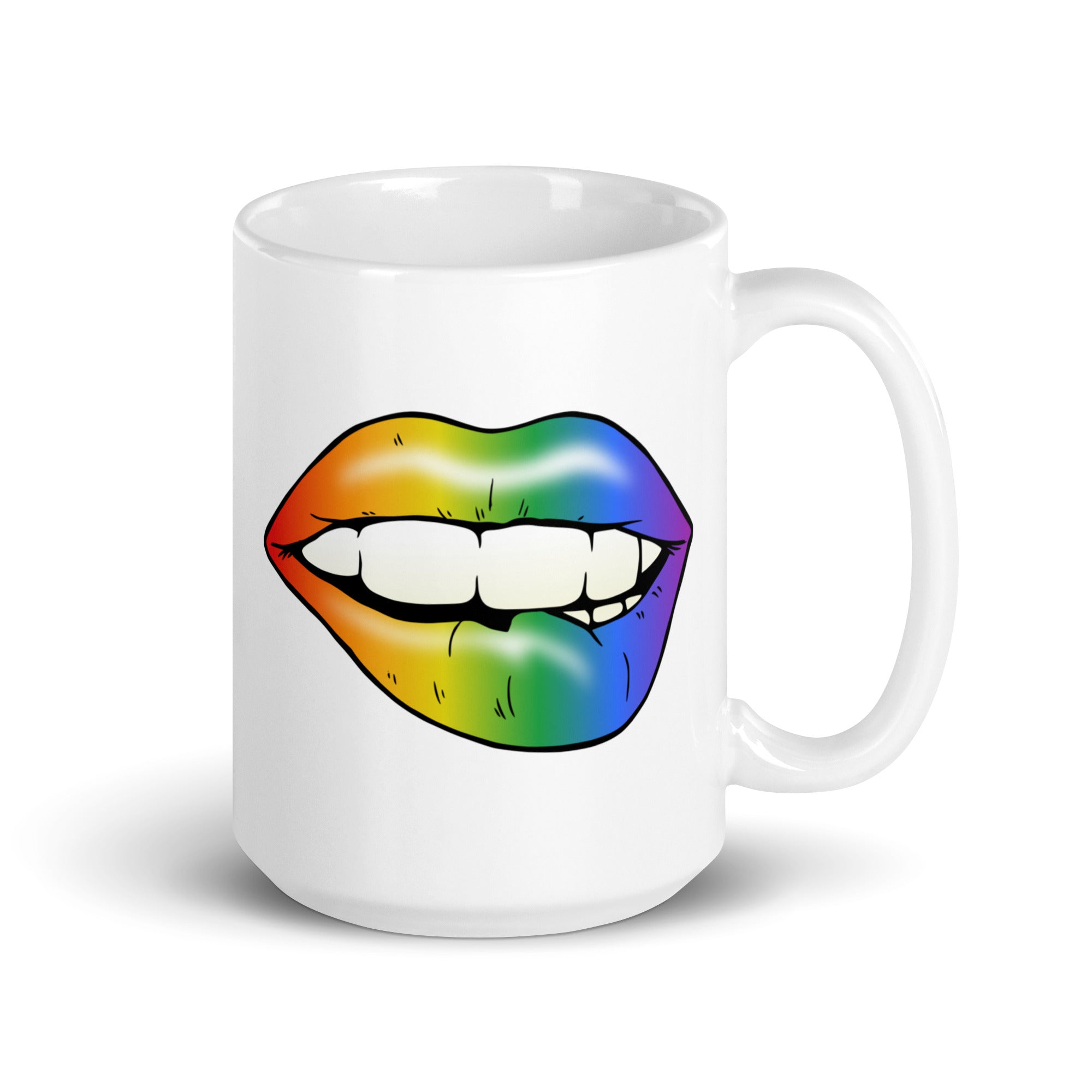 Explore Pridelity's 2025 pride collection with the Flirty Lips Mug, featuring an illustration of lips embellished in a vibrant rainbow gradient on a white background.