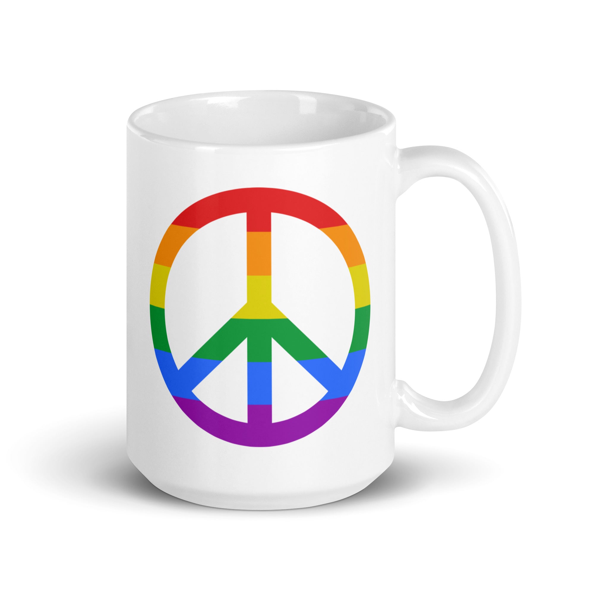 The Peace Mug by Pridelity from the Pride Collections 2025 showcases a vibrant, rainbow-colored peace symbol on its side and comes in white.