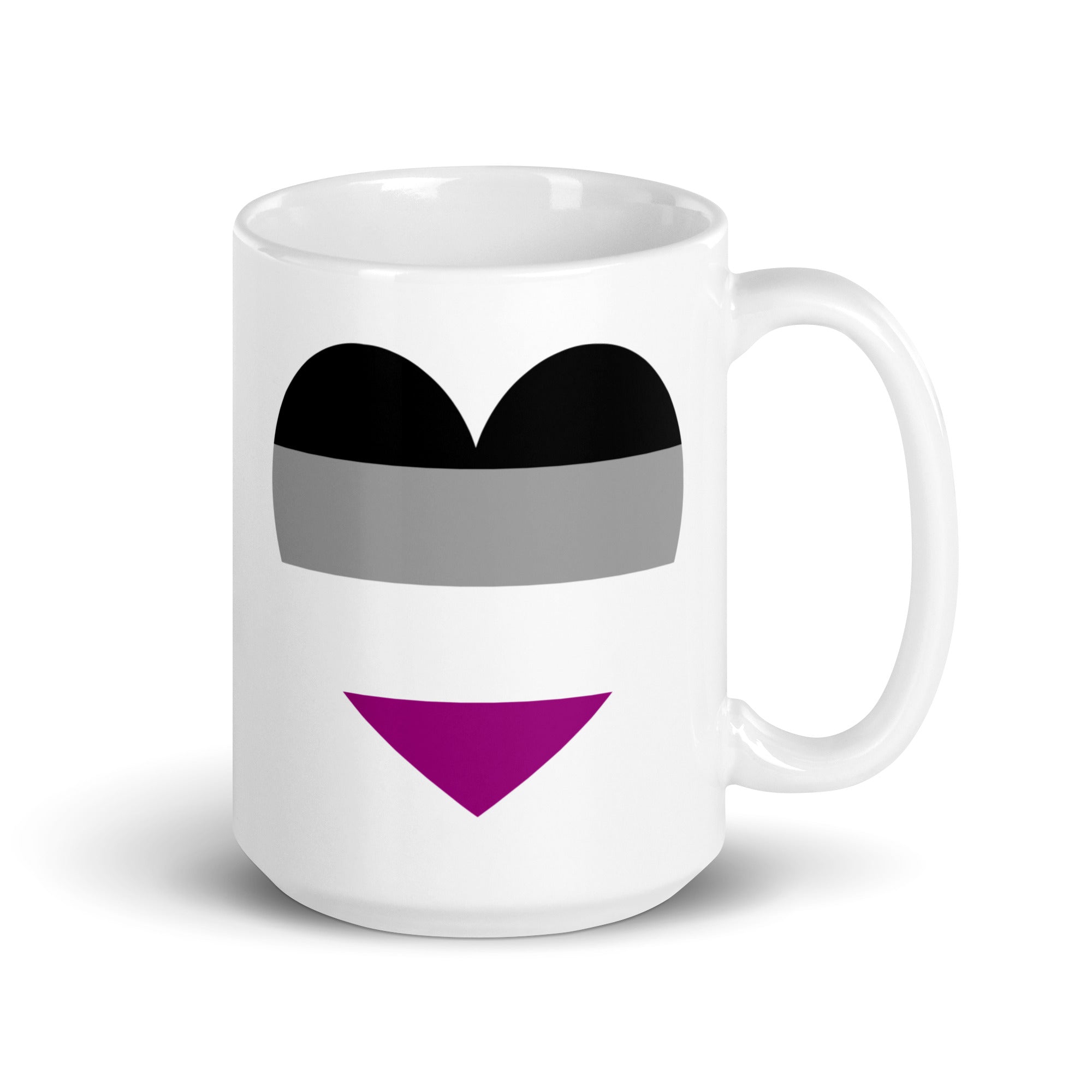 The Asexual Heart Mug by Pridelity, part of our Pride Collections, showcases a design with an upside-down black heart, a gray stripe, and an upright purple heart.