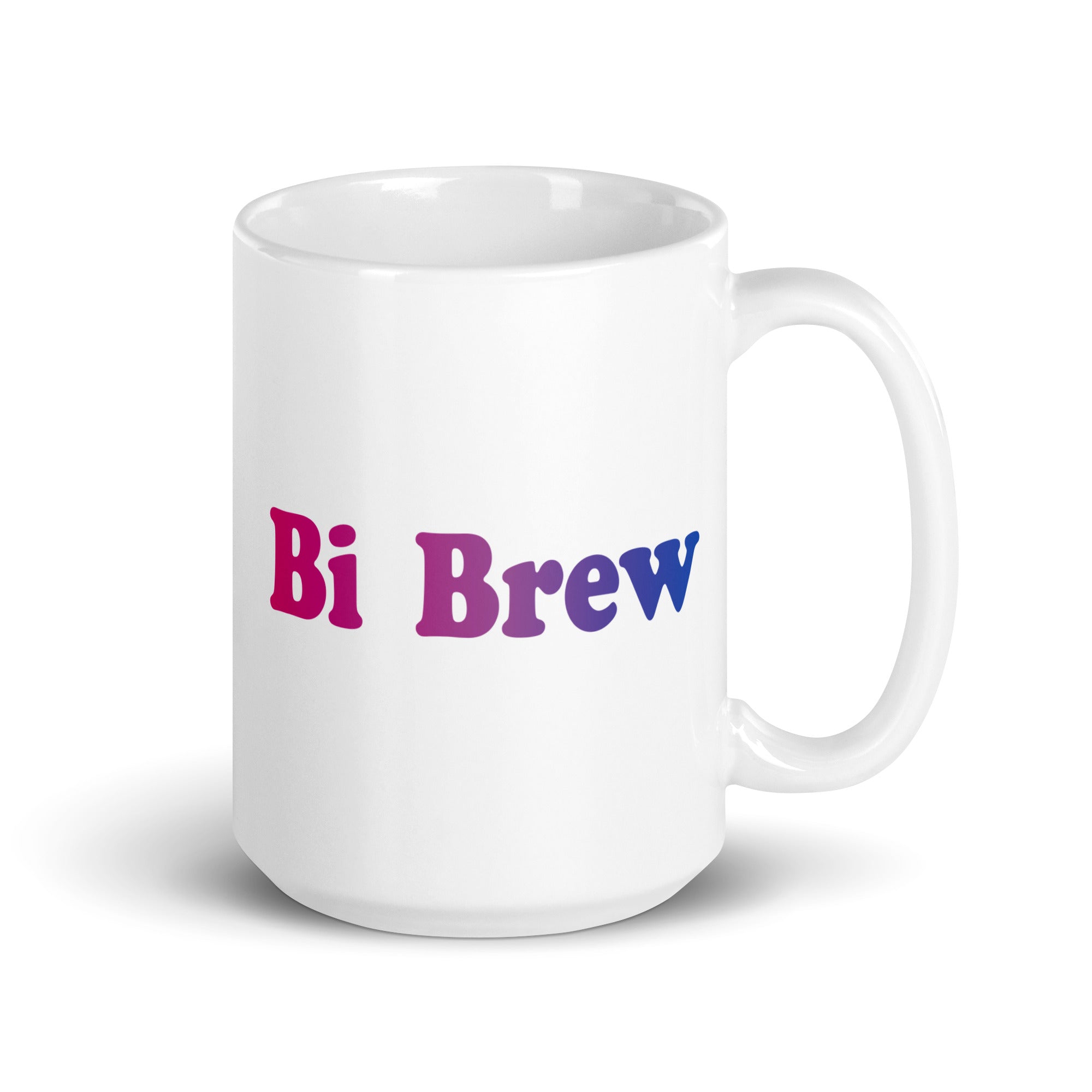 Introducing Pridelity's Bi Brew Mug: a stylish white mug adorned with the vibrant pride colors, featuring pink on the left and blue on the right—a perfect addition to any pride collection.