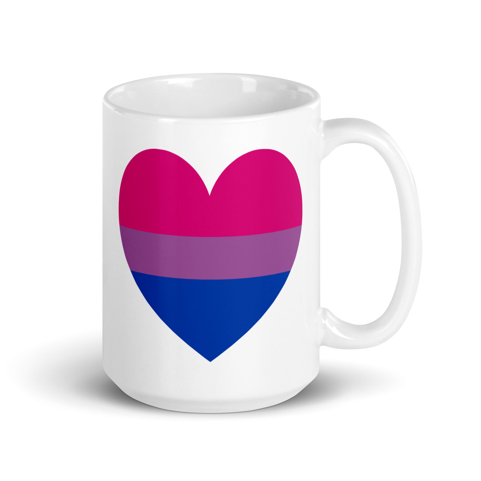 The Bisexual Heart Mug by Pridelity showcases a white mug adorned with a heart bearing horizontal stripes in pink, purple, and blue, symbolizing the bisexual pride flag.