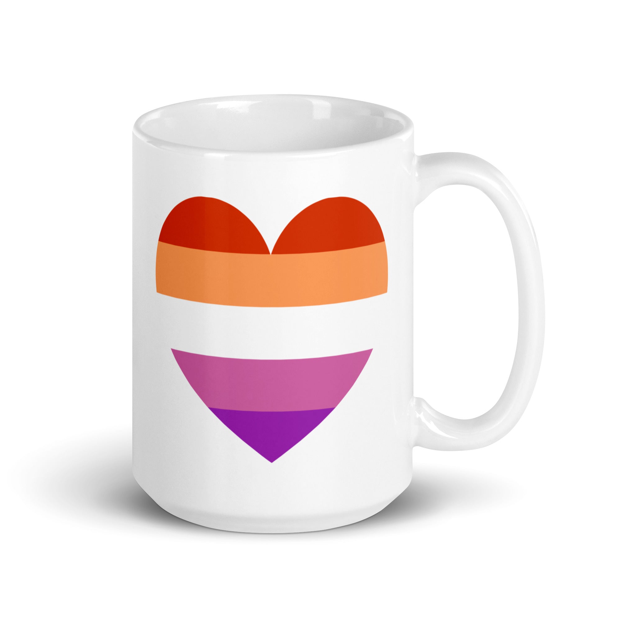 The Pridelity Lesbian Heart Mug features a striking heart design with horizontal stripes in vibrant shades of red, orange, white, and pink. Centered to symbolize inclusivity and diversity, this exclusive piece is a standout in the best Pride collections of 2025.