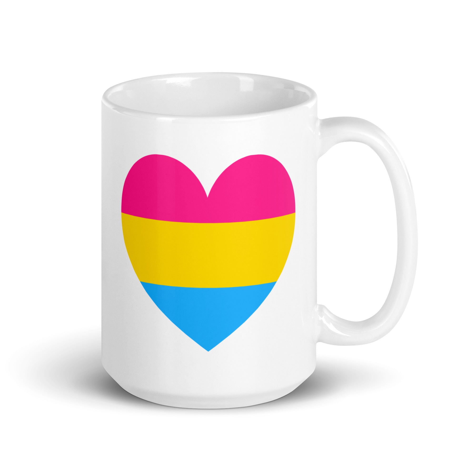 Introducing the Pan Heart Mug by Pridelity, a white cup from the Pride Collections 2025 adorned with a heart design showcasing three horizontal stripes: pink at the top, yellow in the middle, and blue at the bottom.