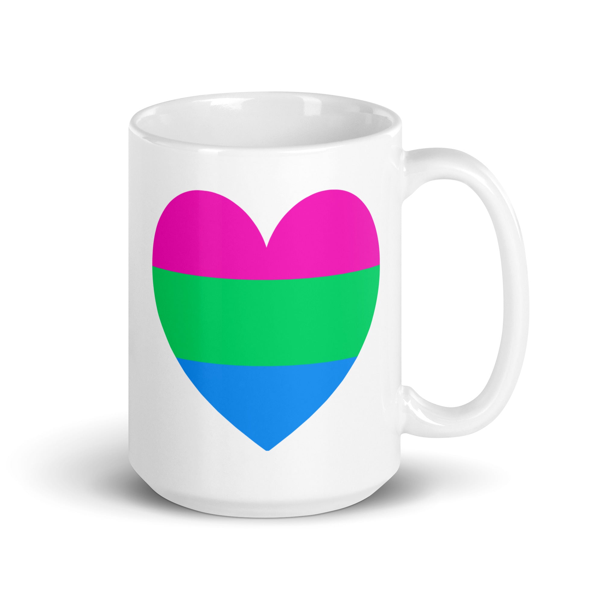 The Polysexual Heart Mug by Pridelity from the Pride Collections 2025 showcases a white design featuring a heart with three horizontal stripes: pink on top, green in the middle, and blue at the bottom.