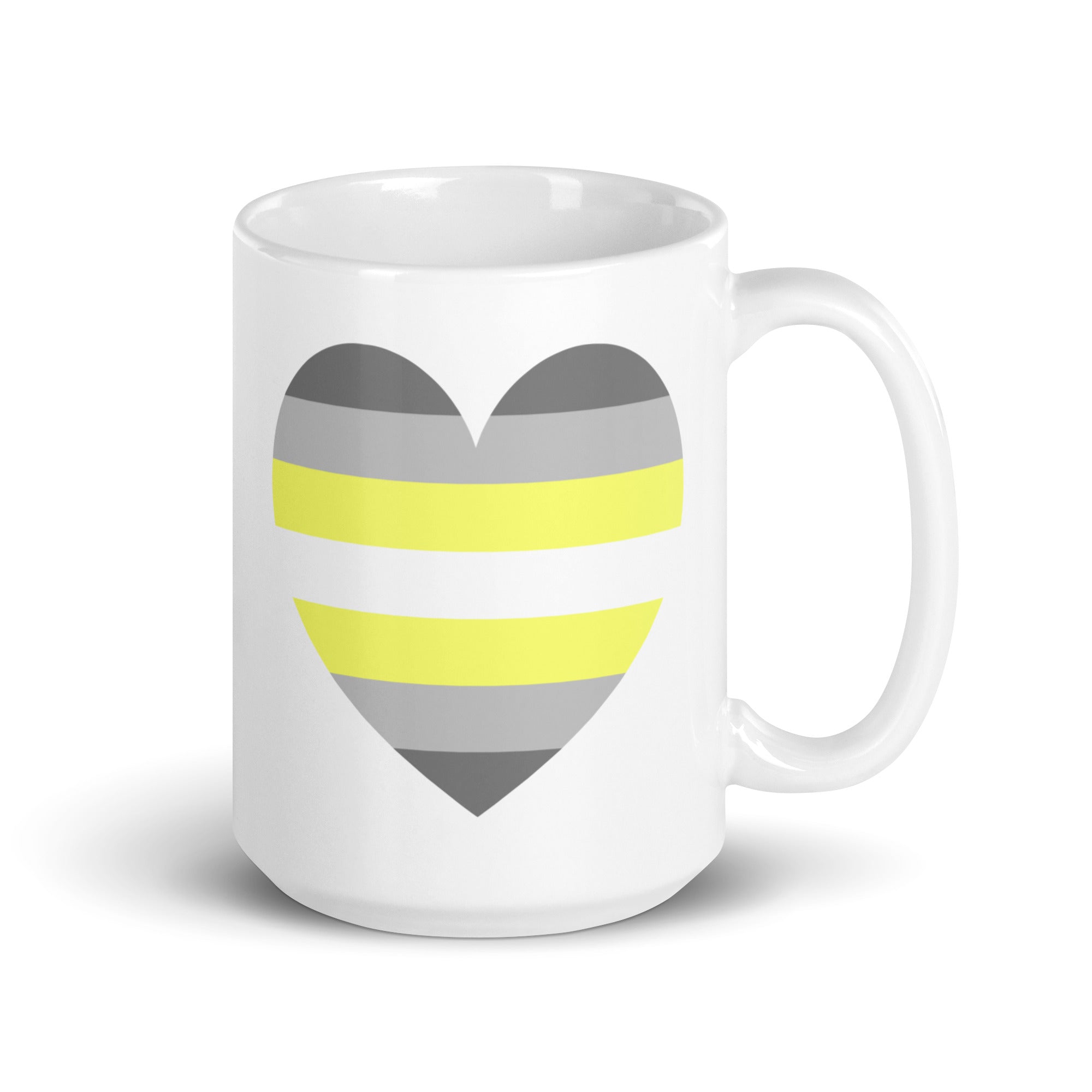 Introducing the Demigender Heart Mug by Pridelity - a stunning white mug featuring a heart design with horizontal stripes in gray, yellow, and white tones, symbolizing the agender pride flag. This standout piece from our Pride Collections prominently showcases the heart on its side, making it an ideal addition to your Pride merchandise.