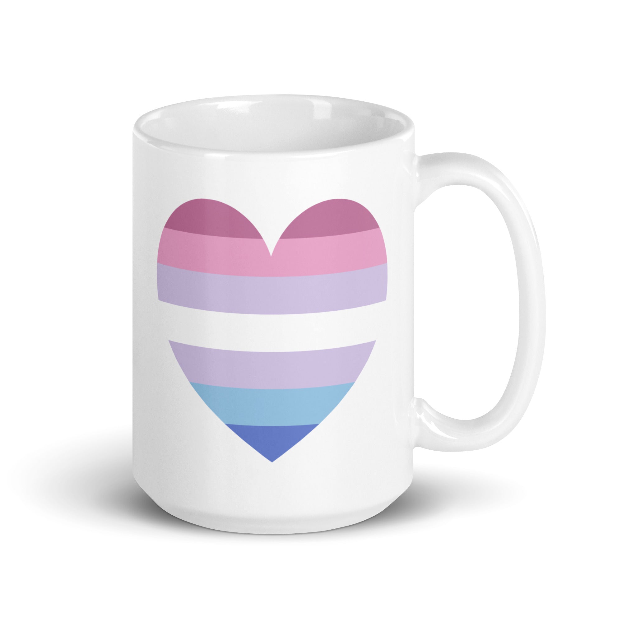 The Bigender Heart Mug by Pridelity is a white mug adorned with a heart design that has horizontal stripes in shades of pink, purple, and blue, celebrating Pride.