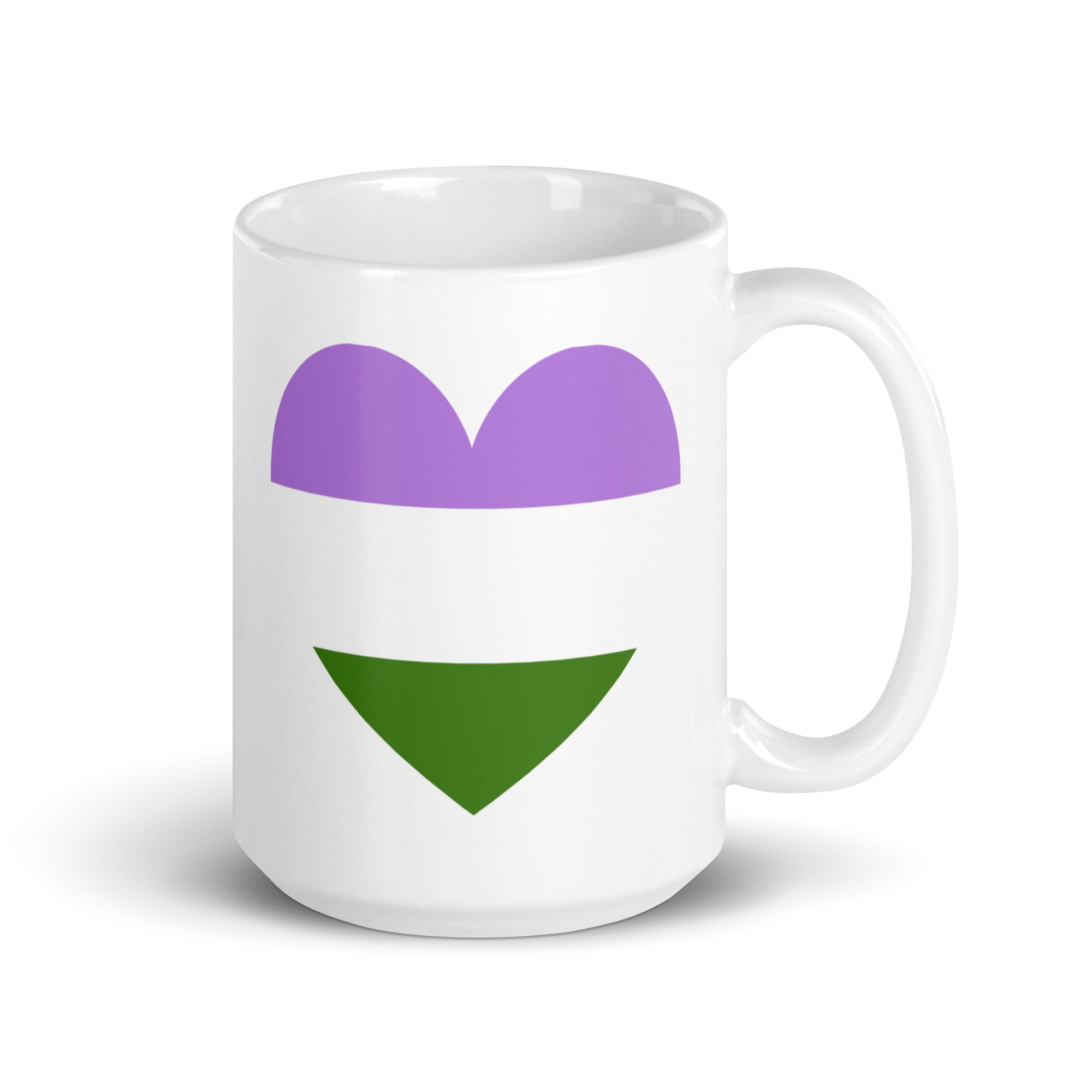 Introducing the Genderqueer Heart Mug by Pridelity, a standout piece from the best pride collections of 2025. This white mug features a heart design adorned with horizontal stripes in purple, white, and green, symbolizing the genderqueer pride flag.