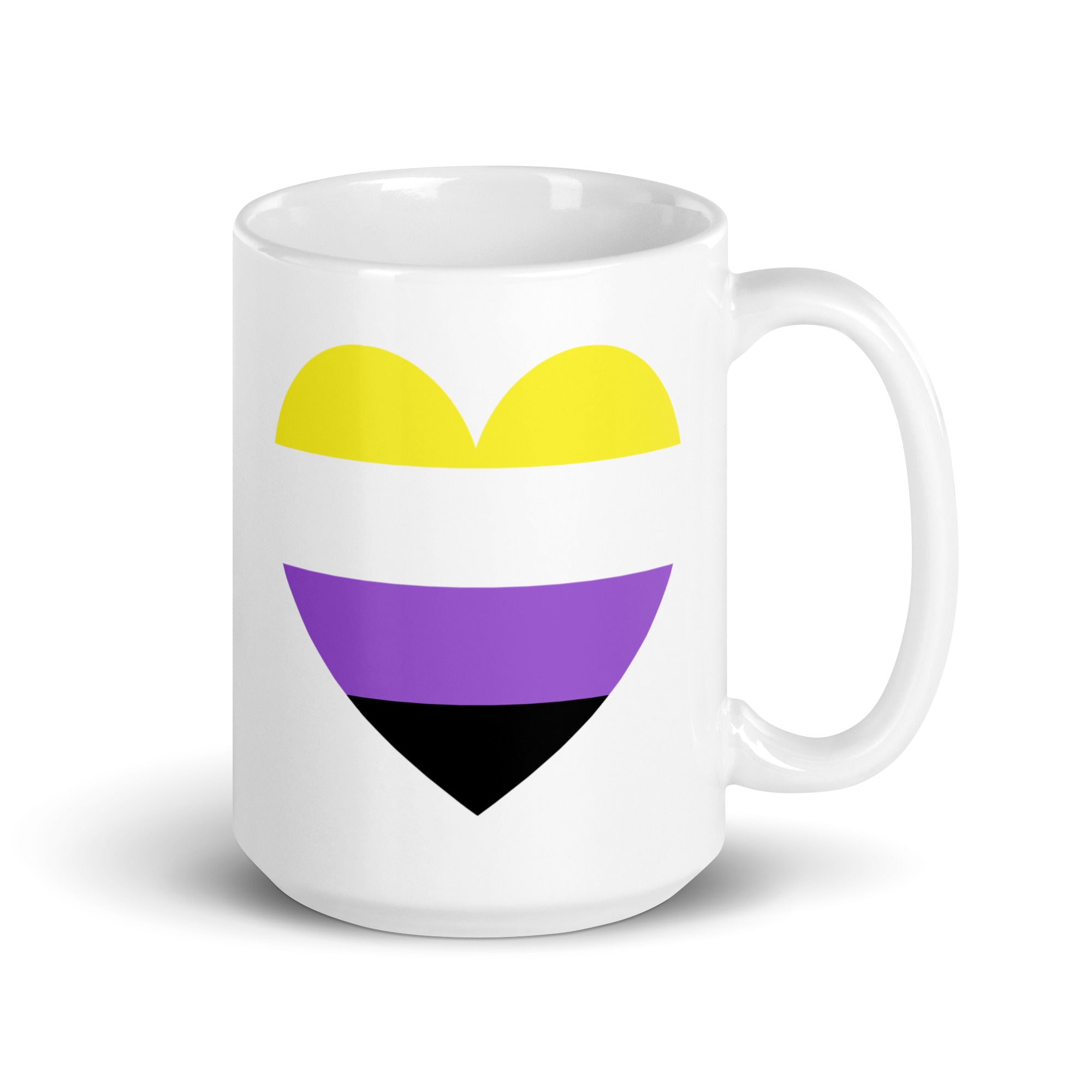 The Pridelity Nonbinary Heart Mug is a white mug showcasing a heart-shaped design with horizontal stripes in yellow, white, purple, and black, proudly part of the Pride Collections 2025.