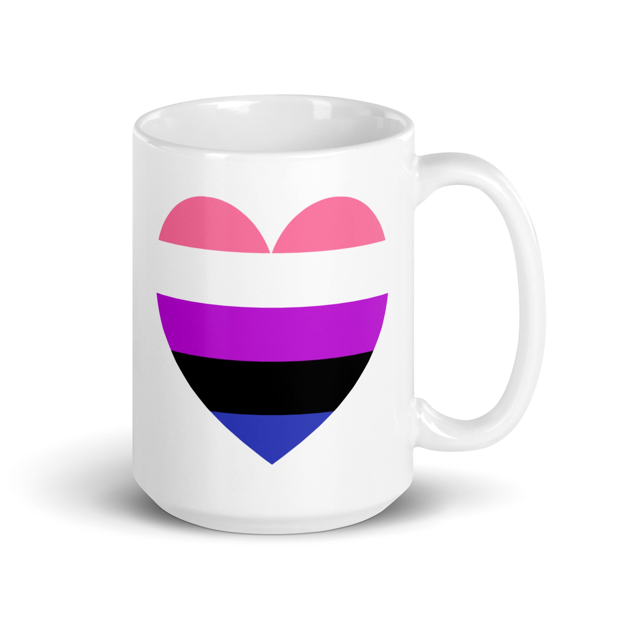 The Genderfluid Heart Mug by Pridelity is a standout piece from the best pride collections of 2025, featuring a heart-shaped design adorned with horizontal stripes in pink, white, purple, black, and blue.