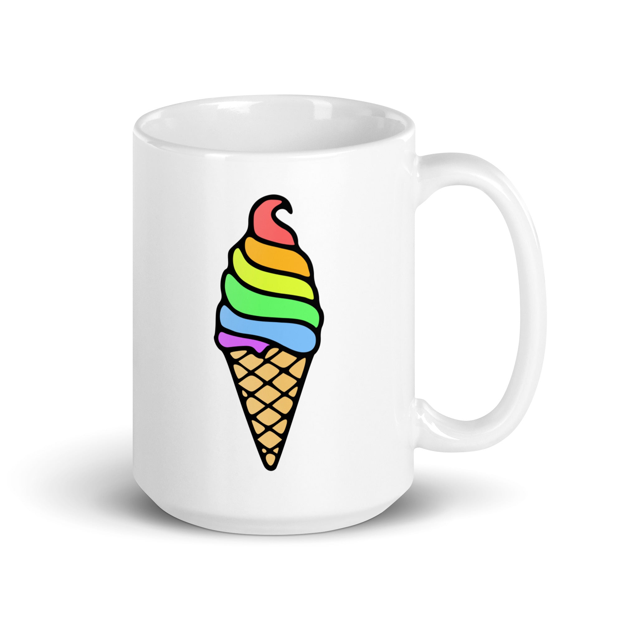 The Ice Cream Pride Mug by Pridelity from the top Pride collections of 2025 showcases a lively ice cream cone design adorned with rainbow swirls on its front. Set against a plain white background, this mug beautifully accentuates its colorful allure.