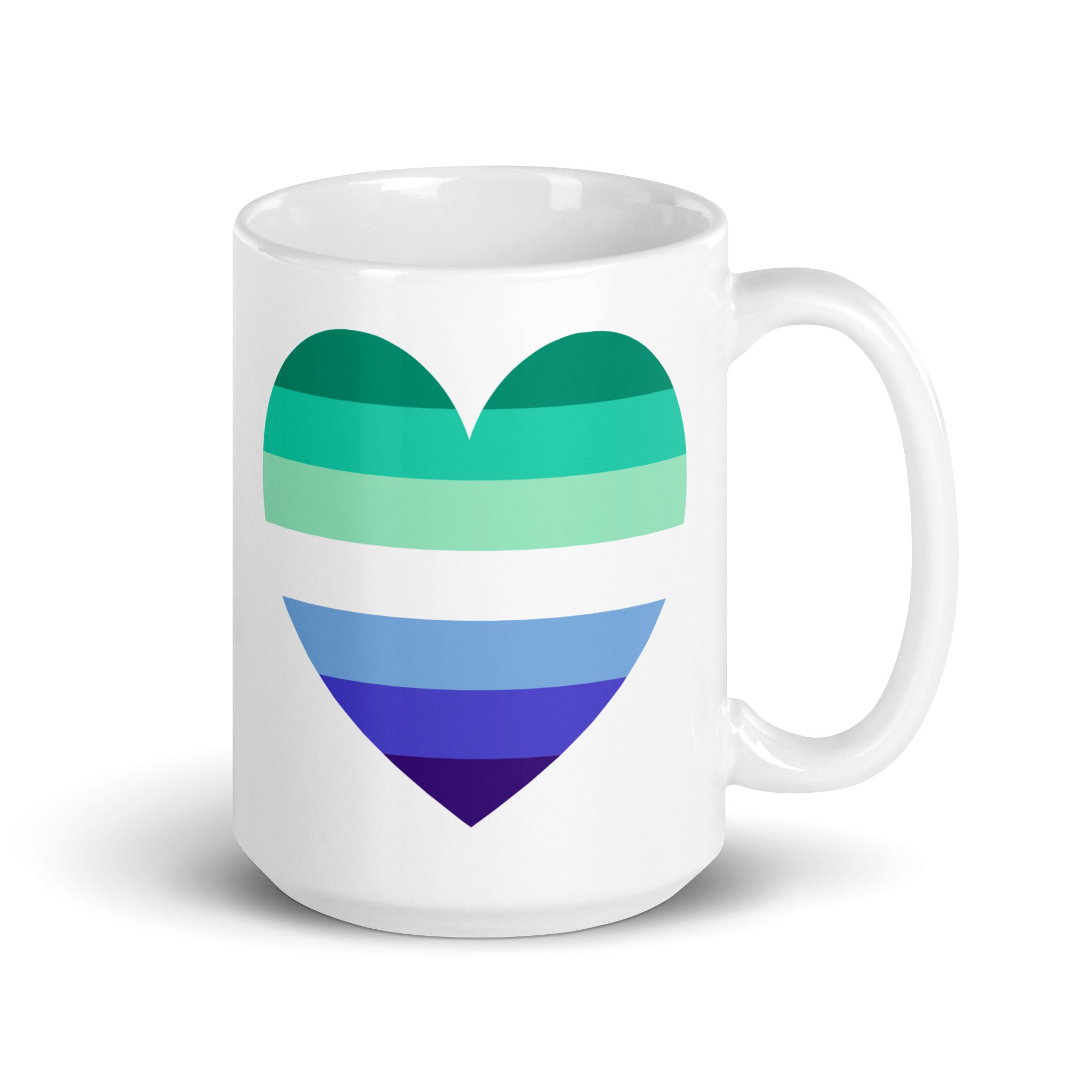 Introducing the Gay Men Heart Mug by Pridelity, a standout piece from the best pride collections 2025. This white mug features a striking heart design composed of horizontal stripes in shades of green and blue on its side, with the handle conveniently located on the right.