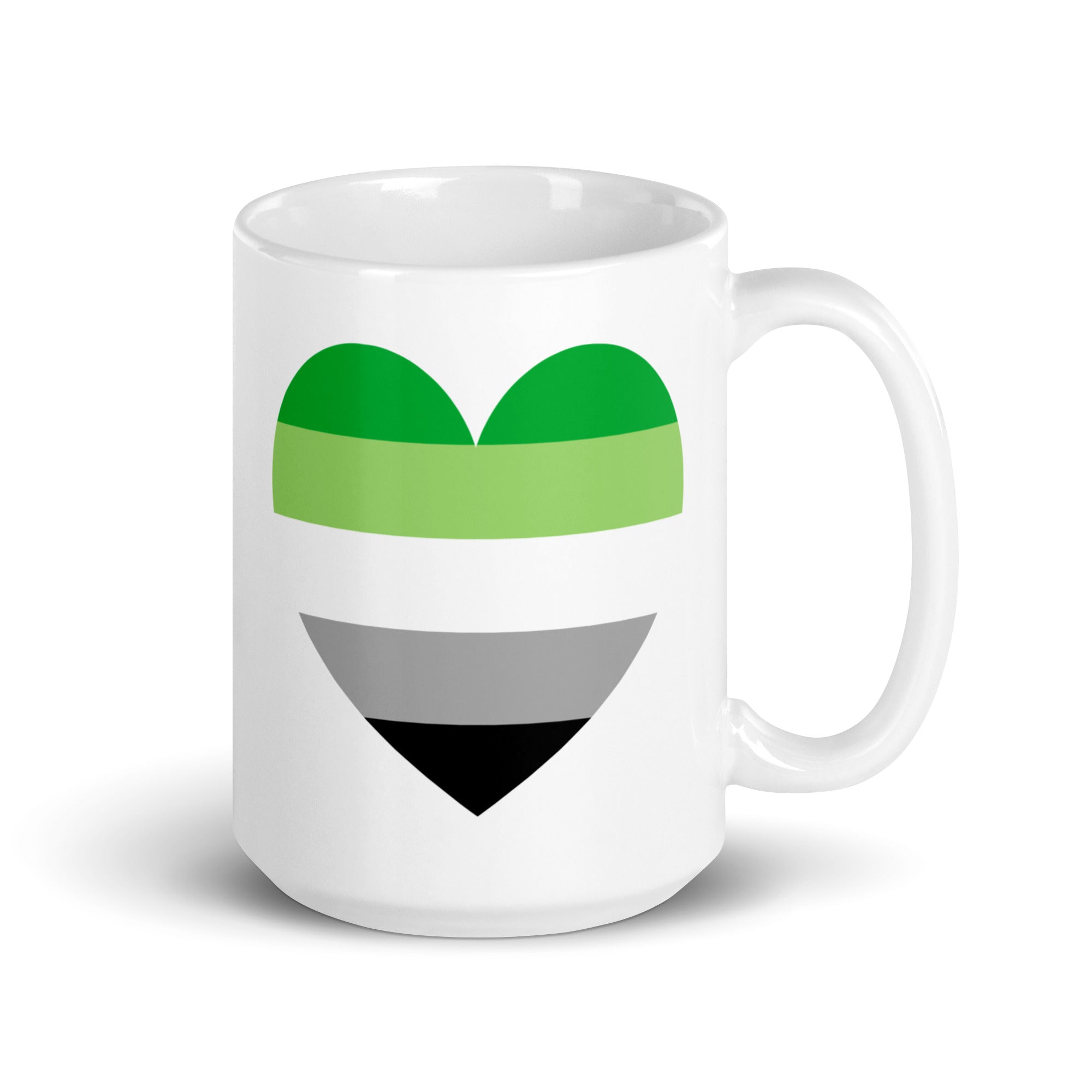 Explore our Pride Collections with the Aromantic Heart Mug by Pridelity. This white mug is adorned with a heart design featuring horizontal stripes in dark green, light green, white, gray, and black, beautifully celebrating the aromantic pride flag.