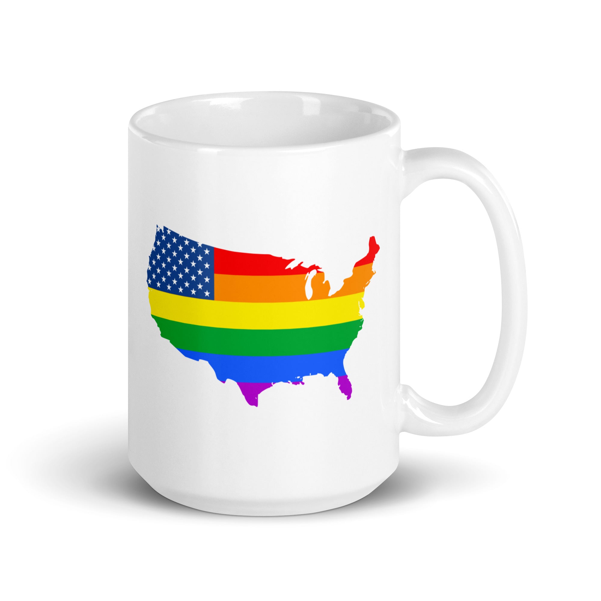 US Map Pride Mug by Pridelity, part of the Pride Collection 2025, showcases an outline of the United States adorned with a rainbow flag that harmoniously integrates stars and stripes with vivid rainbow colors.