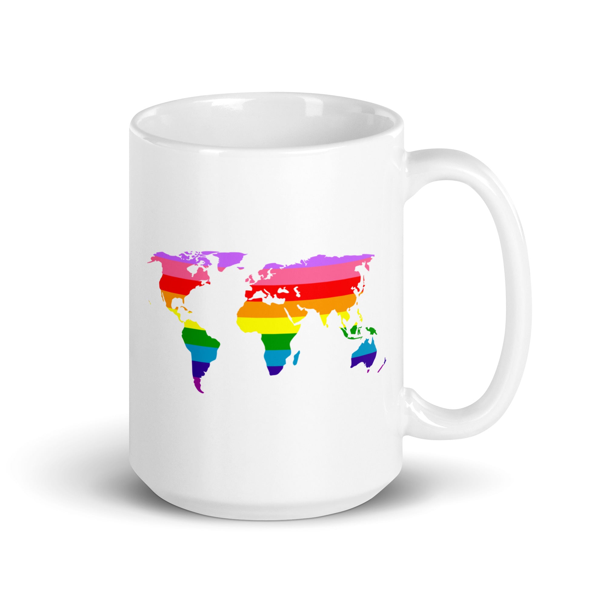 As part of Pridelity's Pride Collection 2025, the World Pride Mug features a world map design with continents adorned in rainbow stripes to symbolize LGBTQ+ pride. The mug's vibrant colors elegantly transition from red at the top to purple at the bottom.