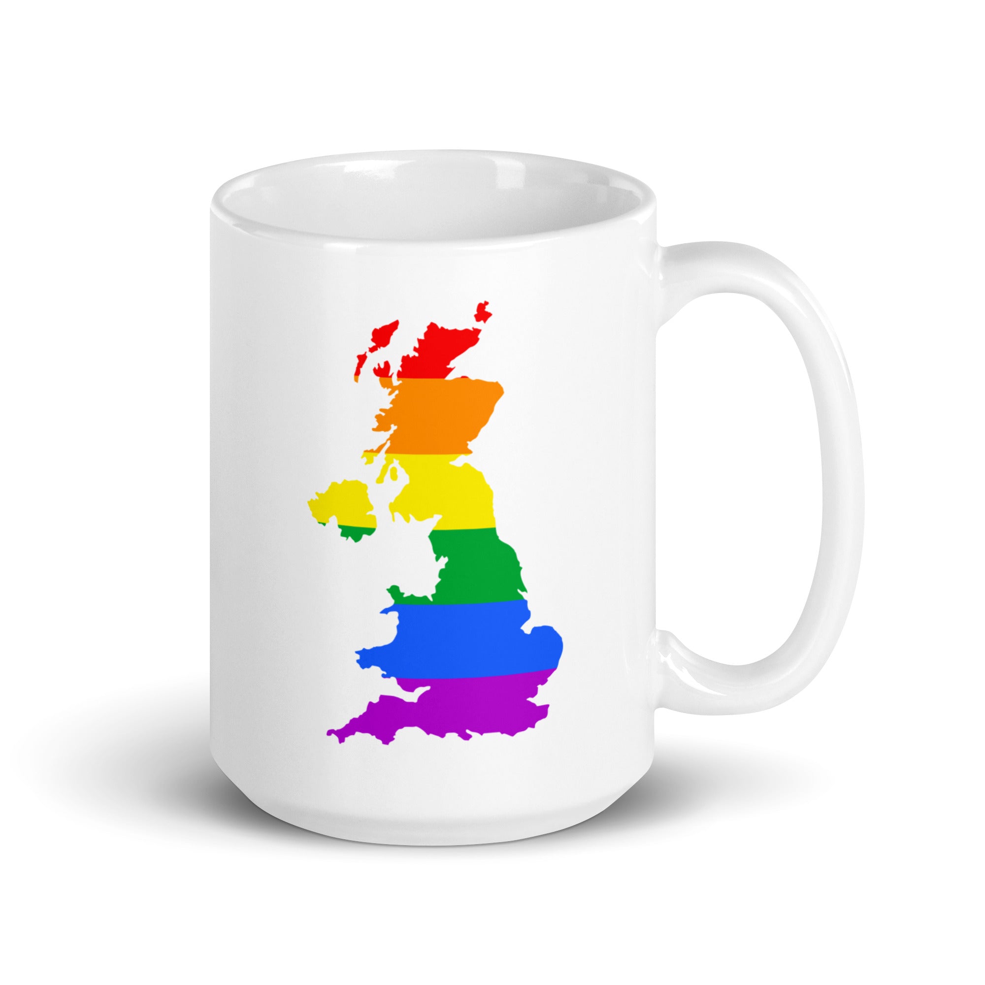 Introducing the British Isles Pride Mug by Pridelity, a white mug displaying a rainbow-colored silhouette of the United Kingdom that beautifully transitions from red to purple. As part of our exclusive Pride Collections, this vibrant piece is ideal for showing your support.