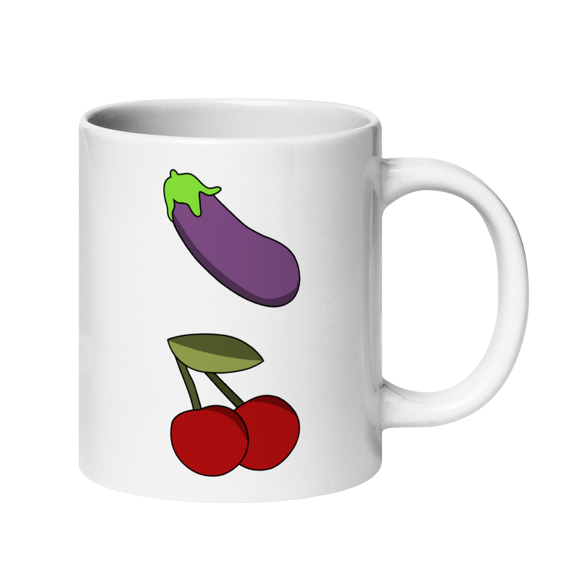 Yummy Emojis Mug by Pridelity from the Pride Collection 2025, showcasing a playful design with a cartoon eggplant and two cherries.