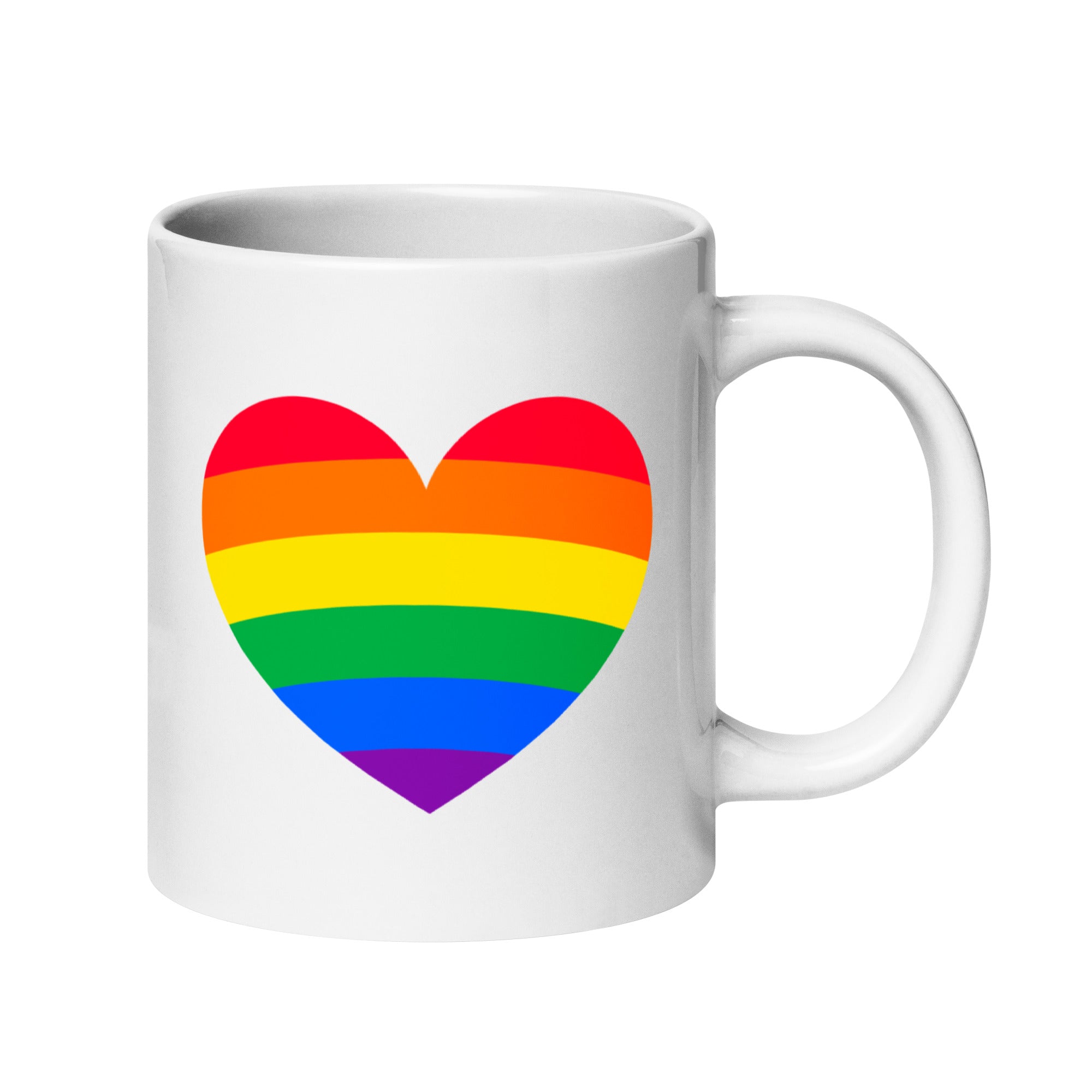 The Pride Heart Mug by Pridelity is a white mug from the Pride Collections 2025, adorned with a rainbow heart design on its side. The heart displays horizontal stripes in red, orange, yellow, green, blue, and purple to celebrate the colors of the LGBTQ+ pride flag.