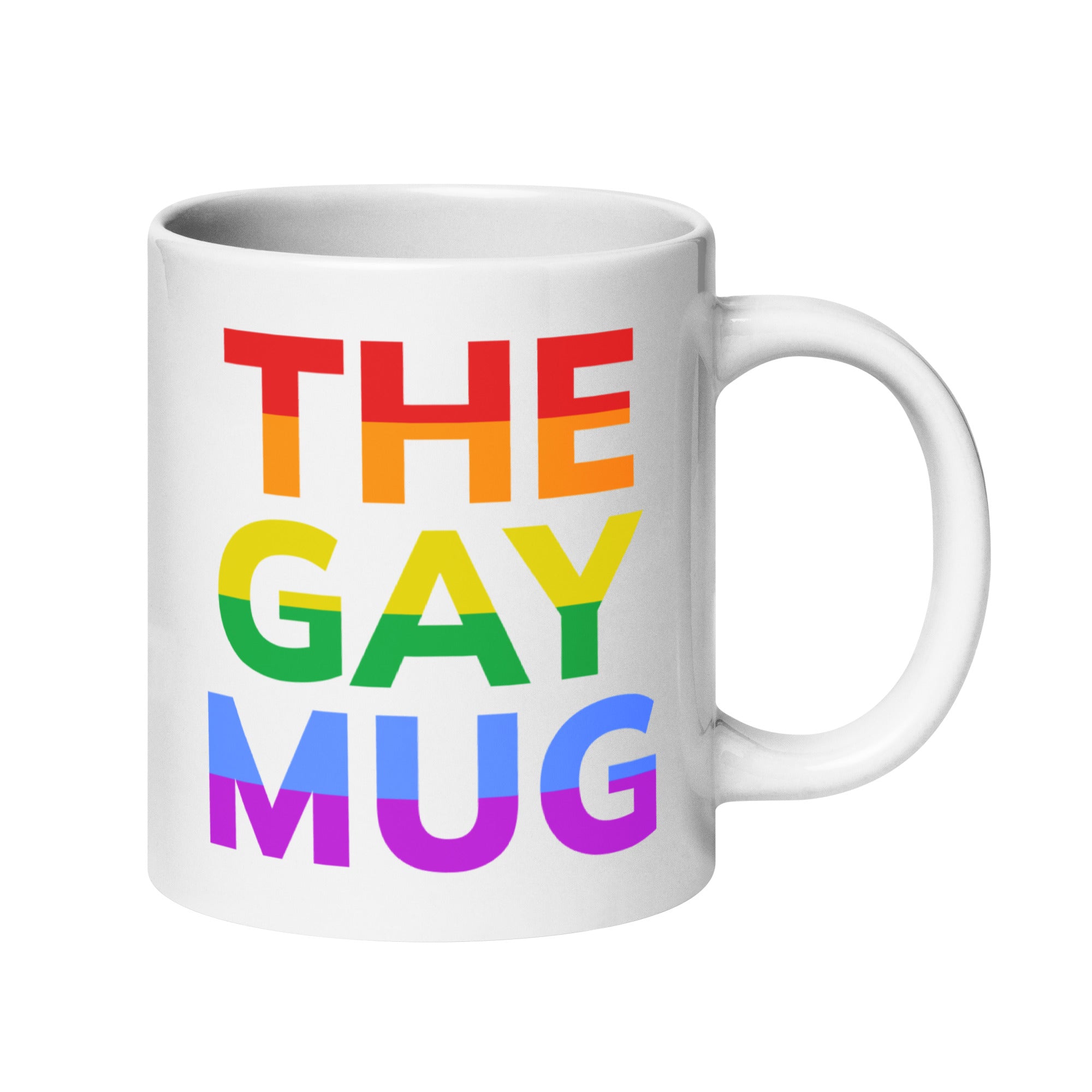 A product from Pridelity, The Gay Mug, is a white mug from the Pride Collections 2025 series featuring 