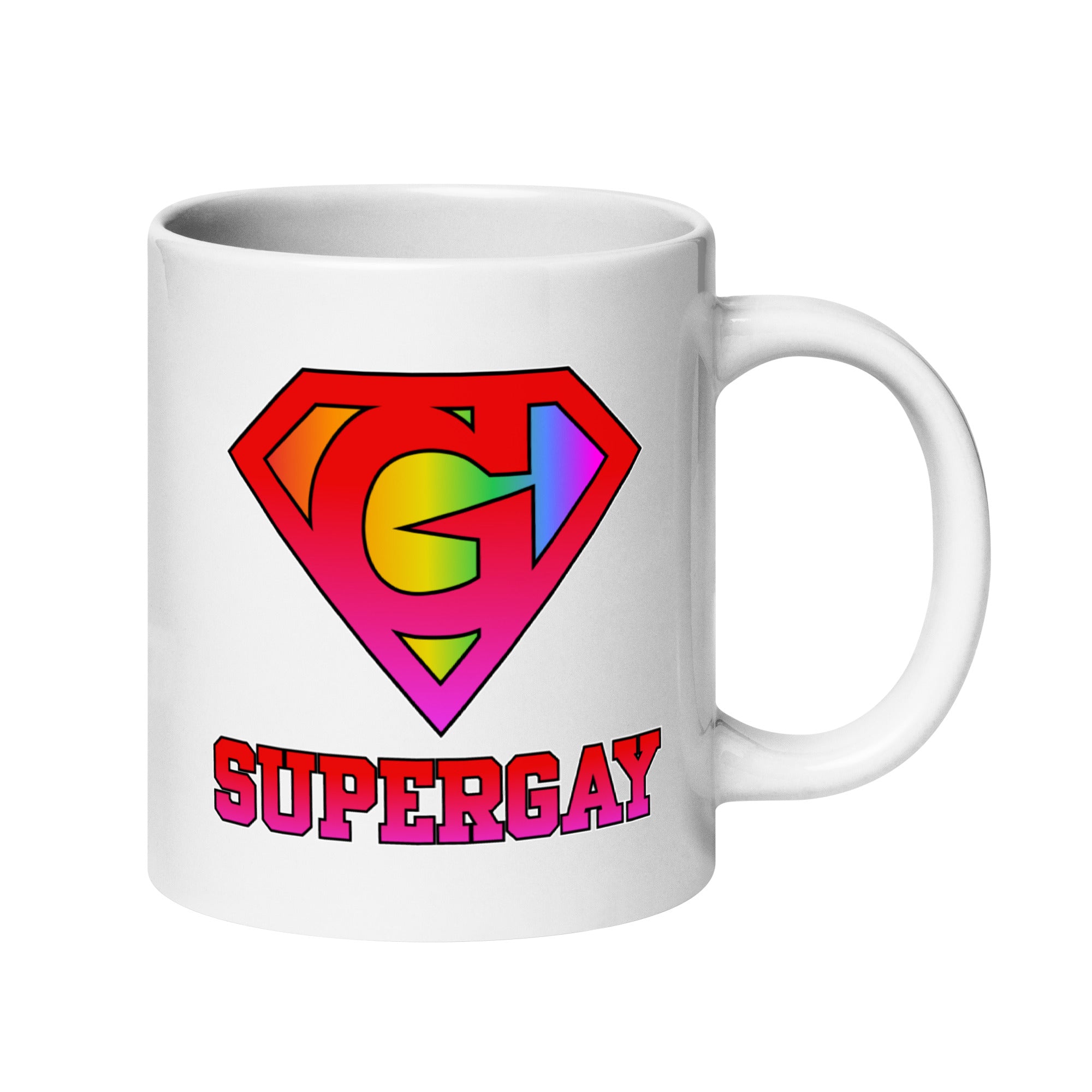 A white Supergay Mug from Pridelity's Pride Collections 2025, showcasing a rainbow-colored emblem resembling a superhero logo with the word 