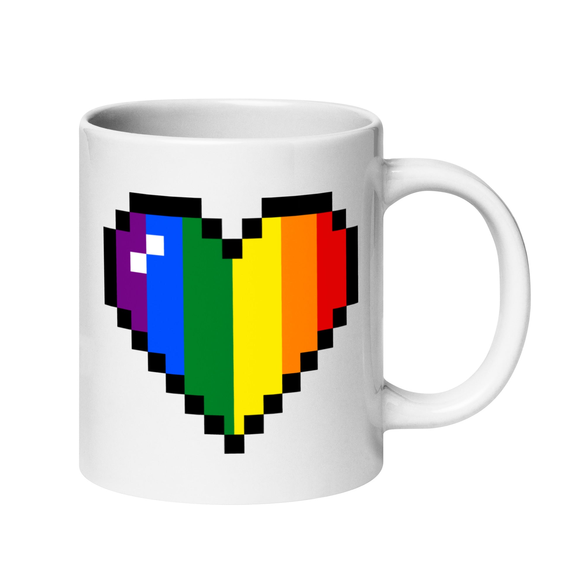 Introducing the Pixel Rainbow Mug from Pridelity's Pride Collections 2025, featuring a pixelated heart in vivid rainbow colors. This white mug showcases shades of purple, blue, green, yellow, orange, and red to symbolize diversity and inclusivity. Its simple yet classic design makes it a perfect celebration of unity.