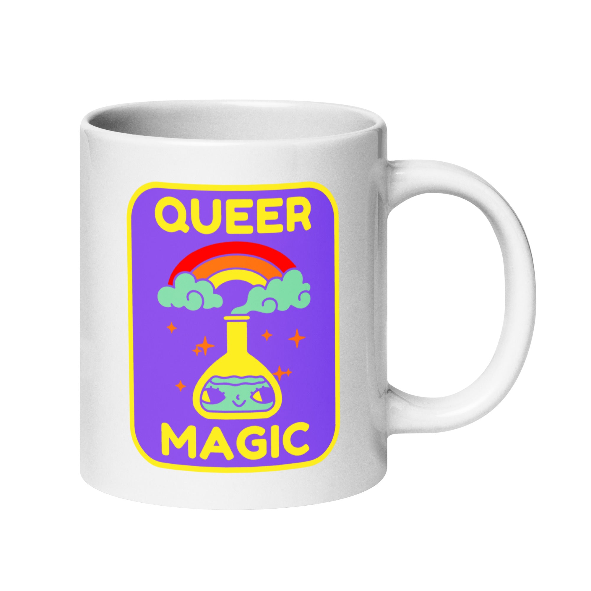 The Queer Magic Mug by Pridelity from the Pride Collection 2025 features a vibrant design. A purple backdrop highlights a flask adorned with a rainbow and clouds, emitting sparkles, while bold yellow letters spell out 