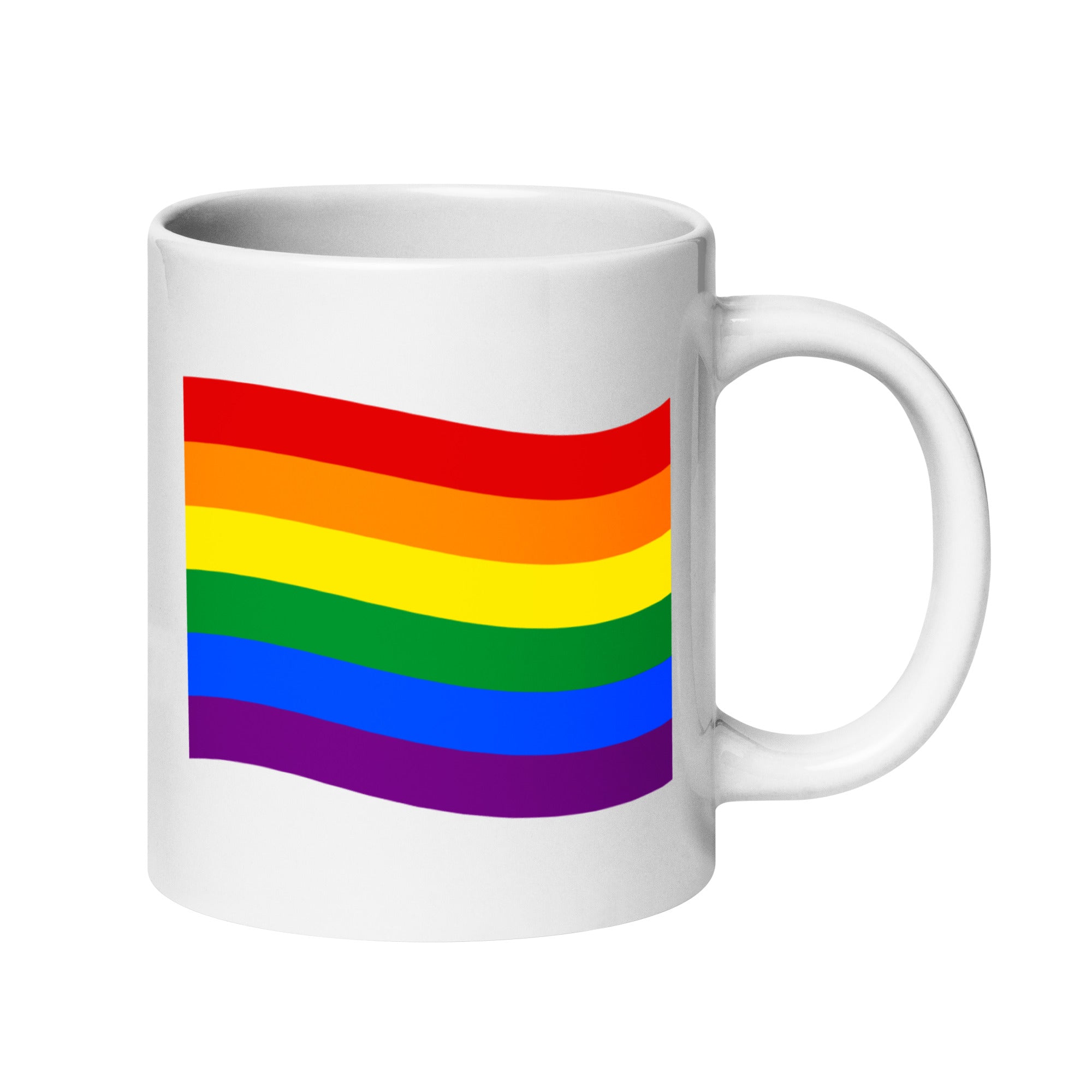 Introducing the Pridelity Pride Flag Mug, a white mug from the Pride Collections 2025 designed with a vivid rainbow flag showcasing horizontal stripes of red, orange, yellow, green, blue, and purple.