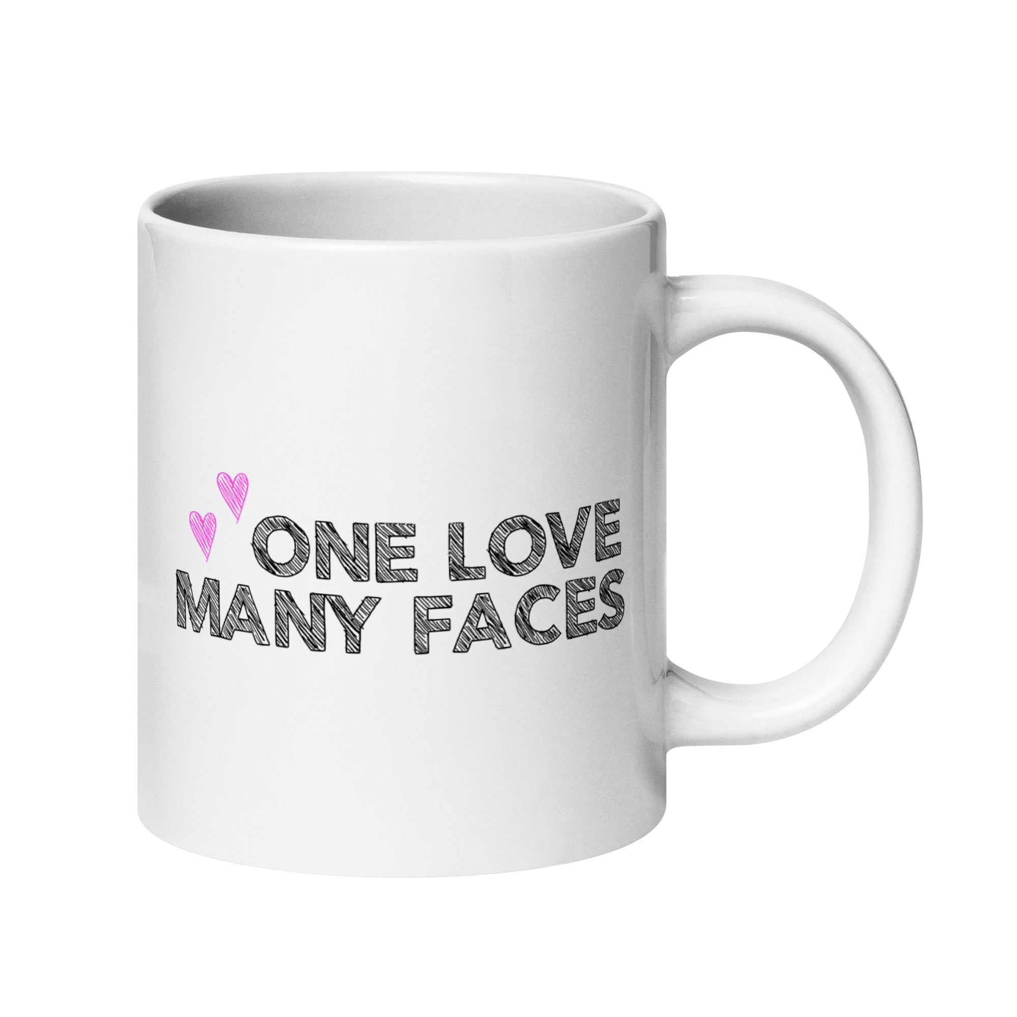 The One Love Many Faces Mug by Pridelity, part of the Pride Collections 2025, showcases the phrase 