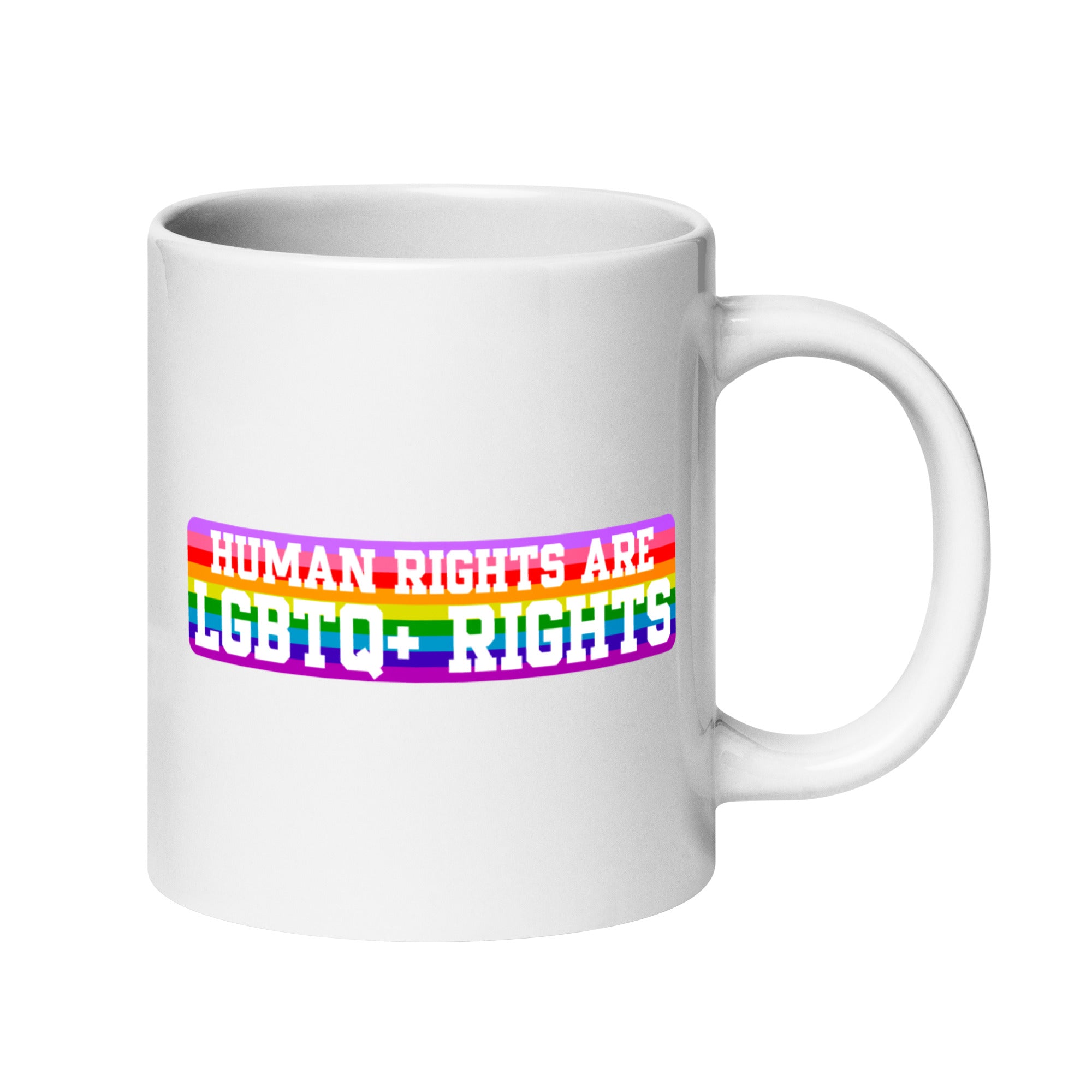 Pridelity's LGBTQ+ Rights Mug, featuring a vibrant rainbow design and the phrase 