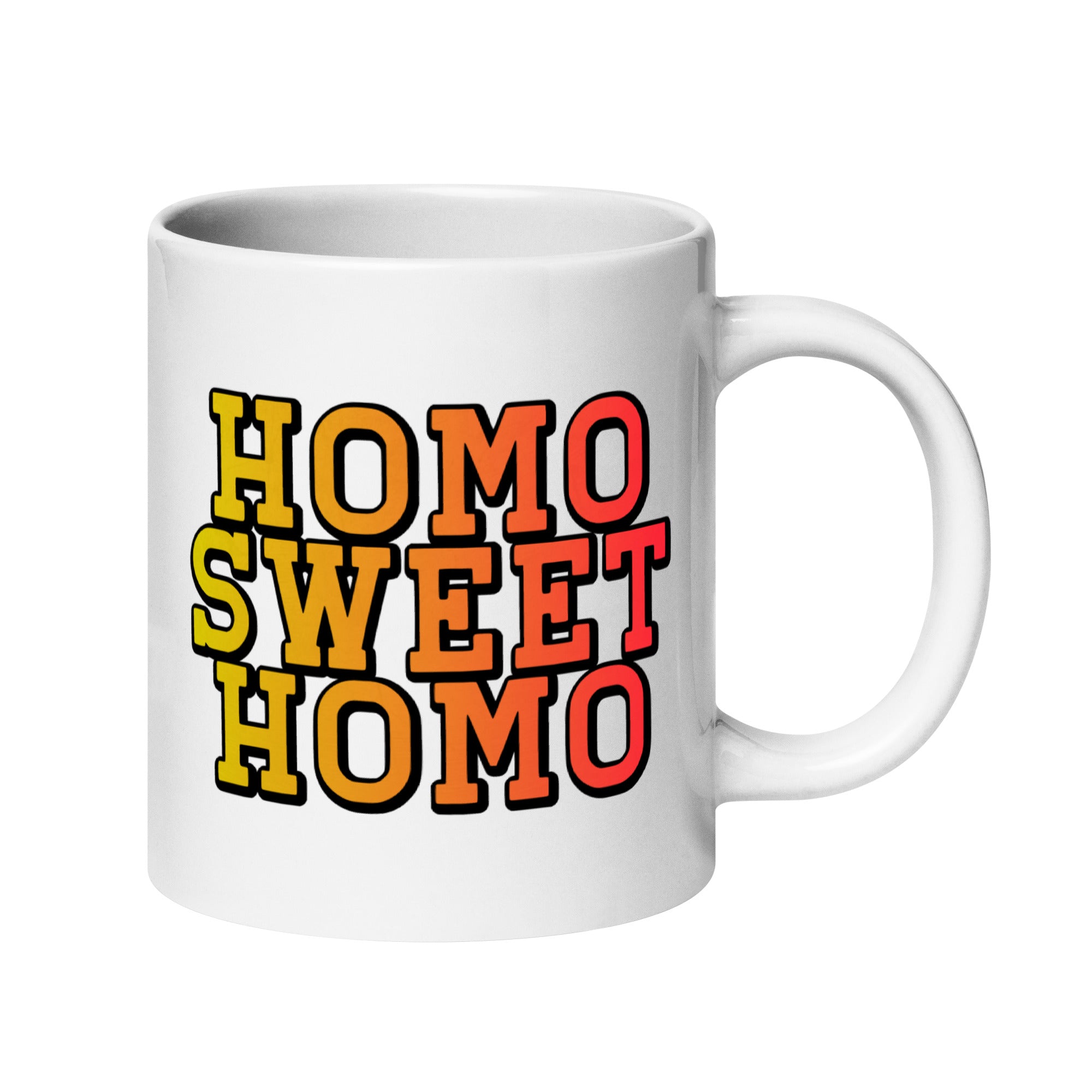 The Homo Sweet Homo Mug by Pridelity features colorful gradient text that reads 