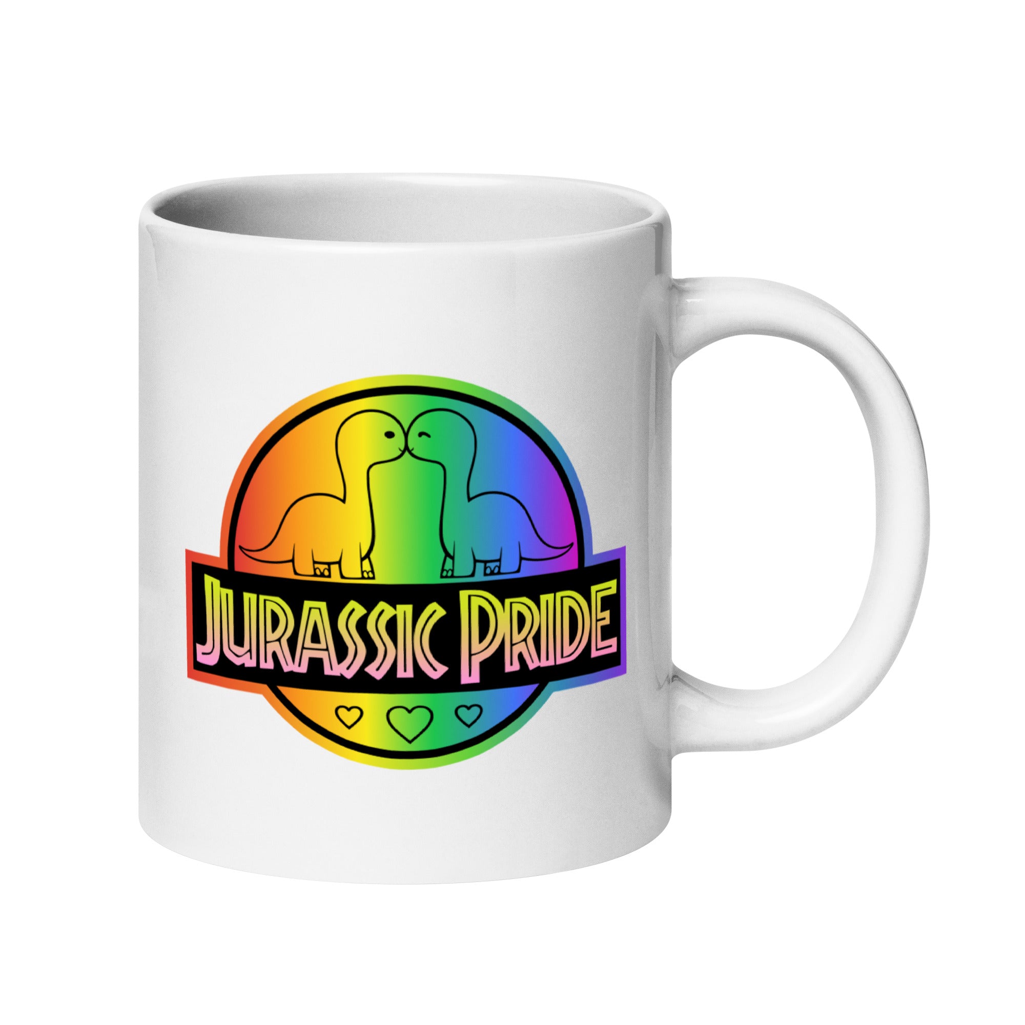 Pridelity's Jurassic Pride Mug features a bright, rainbow-colored circular logo with two dinosaurs facing each other above the words 