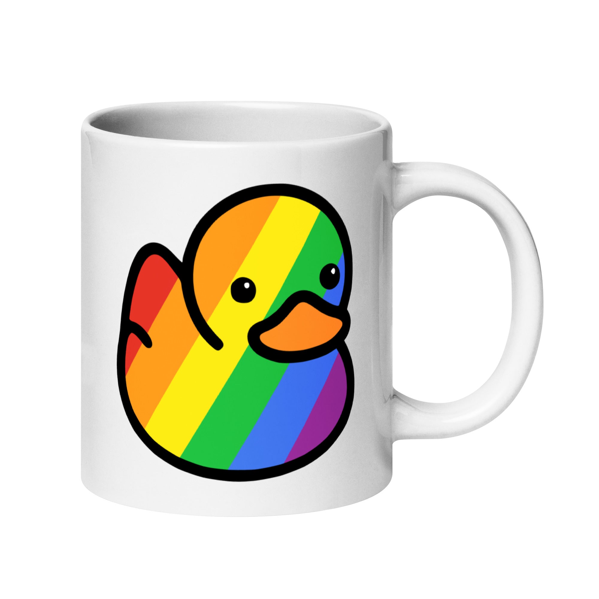 The Pride Duck Mug by Pridelity, from the Pride Collections 2025, showcases a cartoon rubber duck with a rainbow-colored body. The cute and simple design includes black outlines and an orange beak.