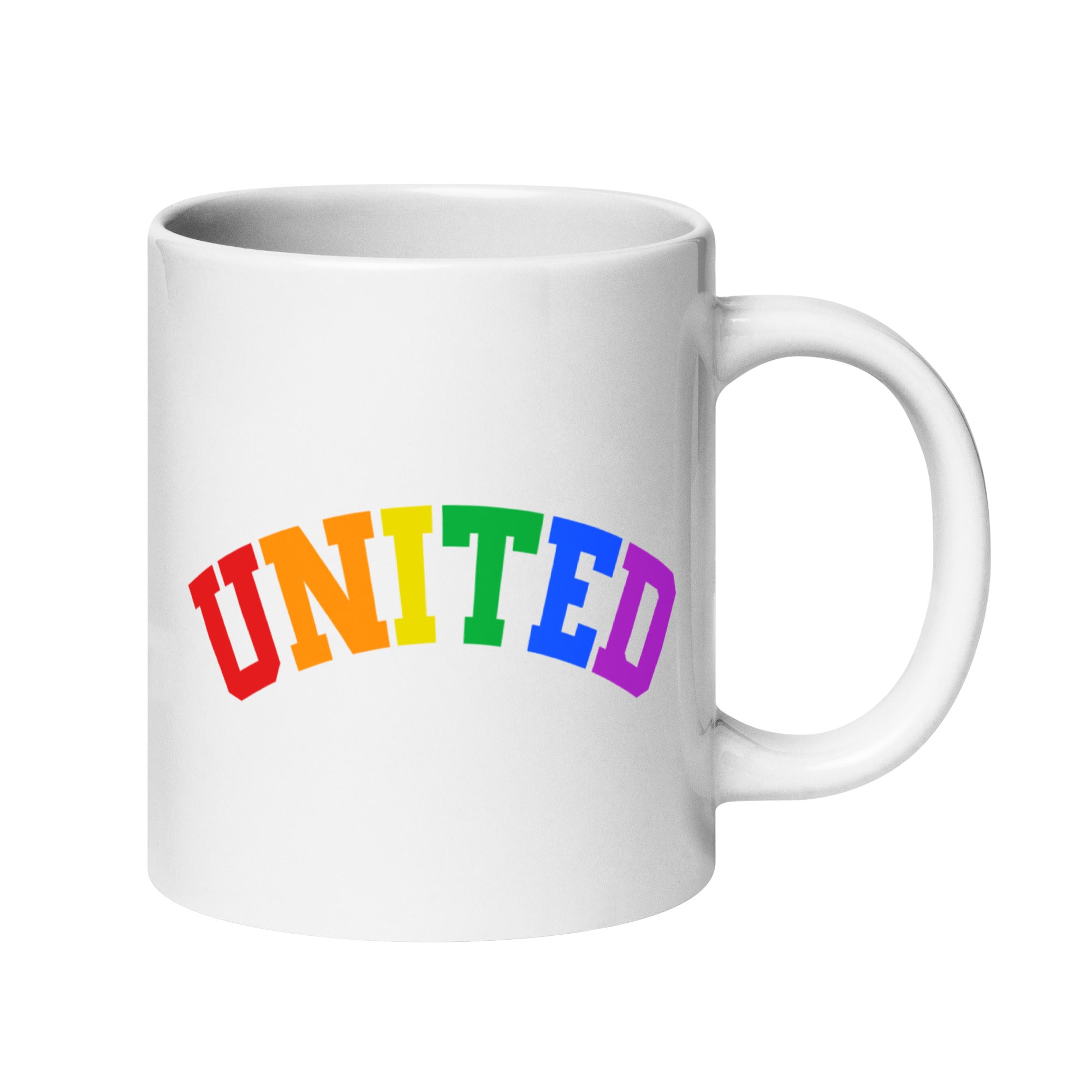 A mug from Pridelity's Pride Collection 2025, known as the United Mug, showcases the word 