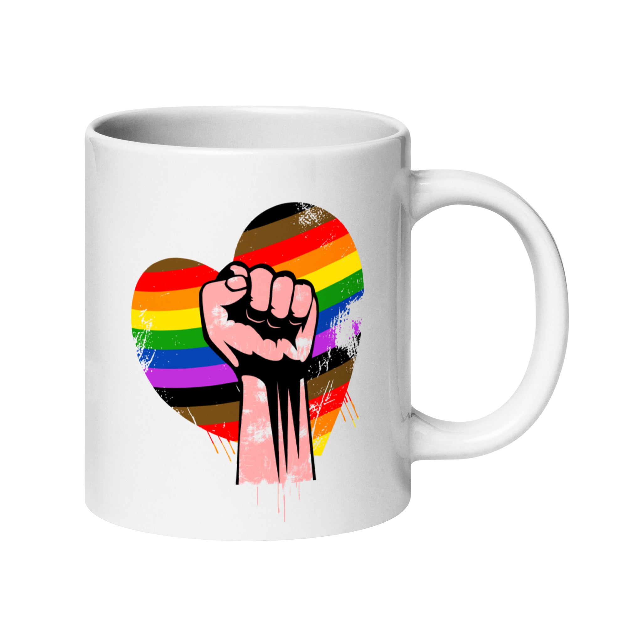 Explore Pridelity's 2025 pride collections with the Fist Mug, a white mug featuring a fist raised in front of a heart decorated with vibrant rainbow and brown colors, symbolizing unity and pride.