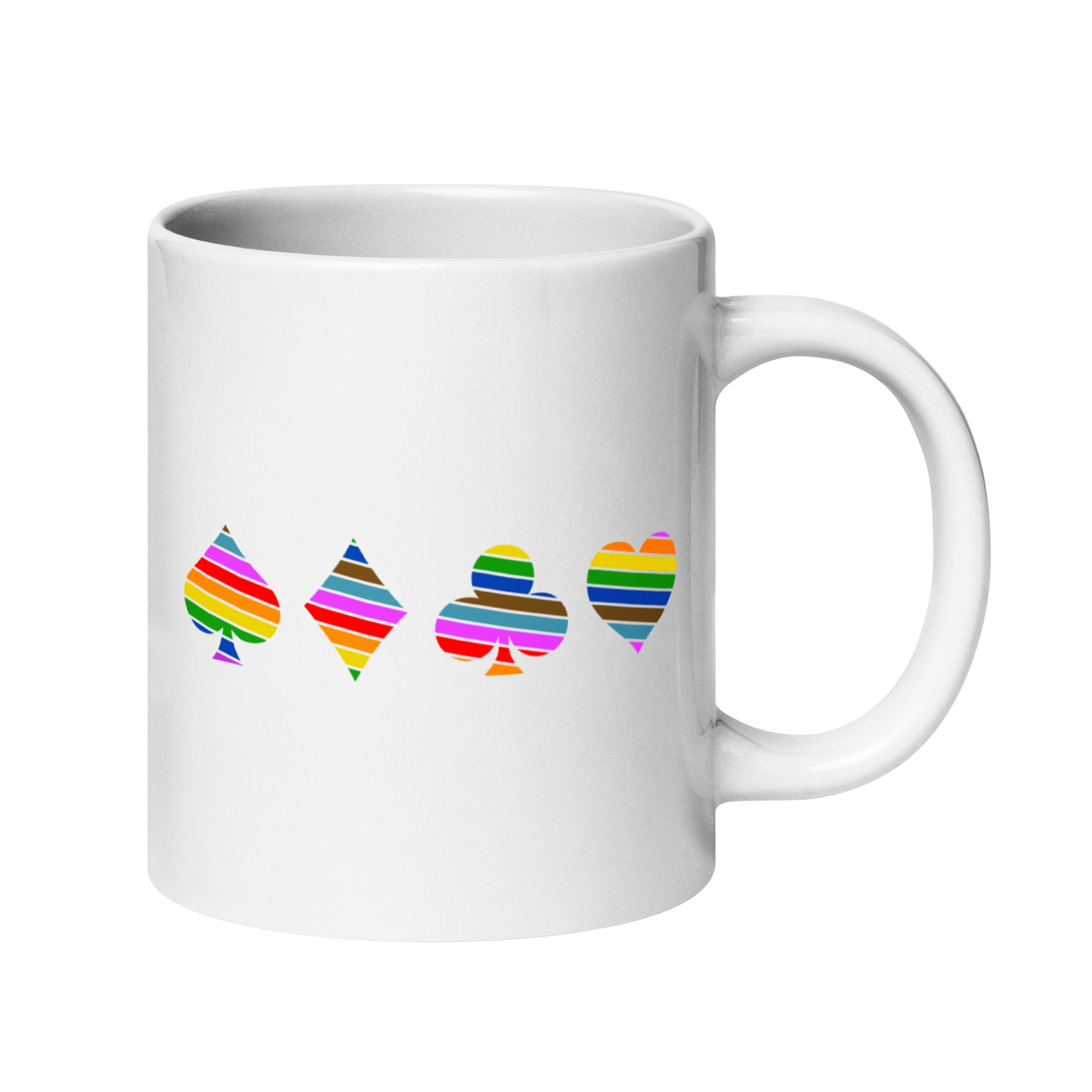 The Deck Of Pride Mug by Pridelity showcases colorful, striped designs of playing card suits—spade, diamond, club, and heart—lined up horizontally on a white background. This vibrant piece is part of our exclusive Pride Collections, celebrating diversity with every sip.