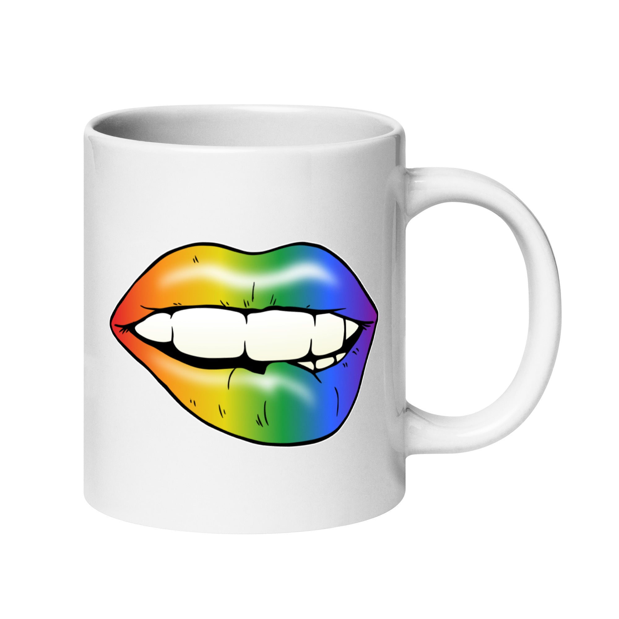 Explore Pridelity's 2025 pride collection with the Flirty Lips Mug, featuring an illustration of lips embellished in a vibrant rainbow gradient on a white background.