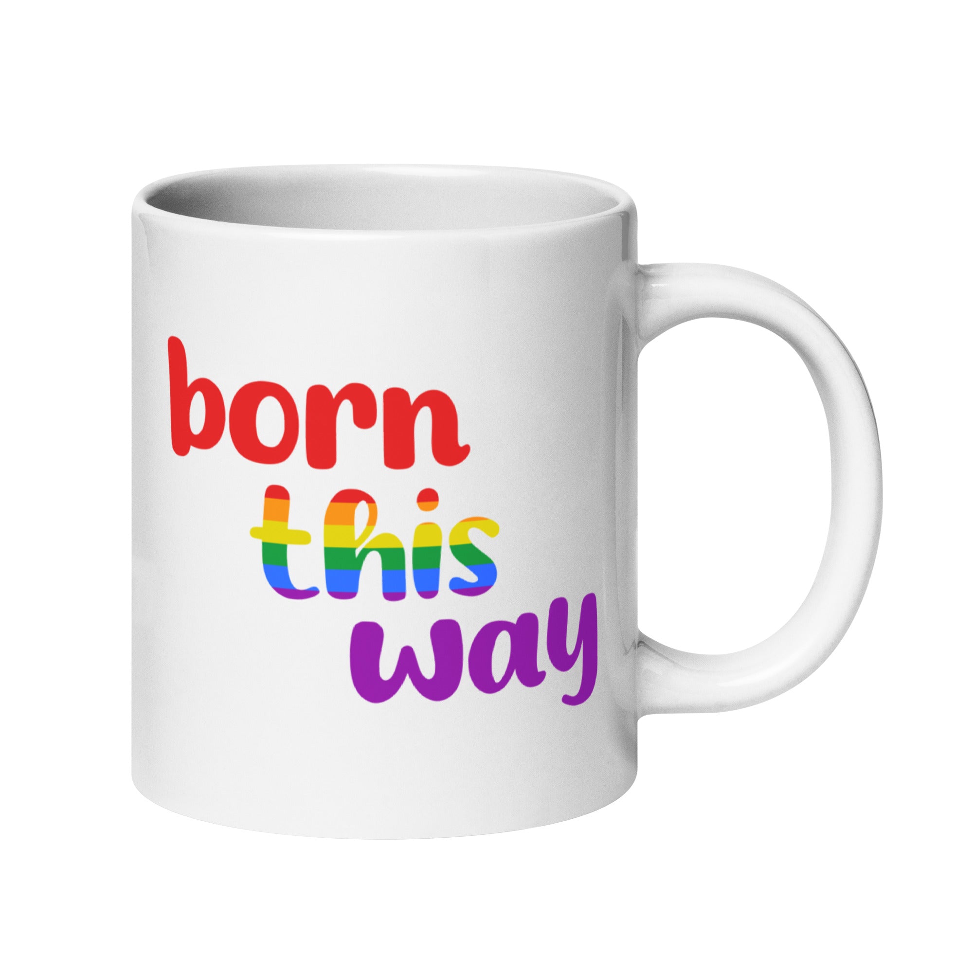 The Born This Way Mug by Pridelity features vibrant rainbow text, making it the perfect addition to any Pride merch collection.