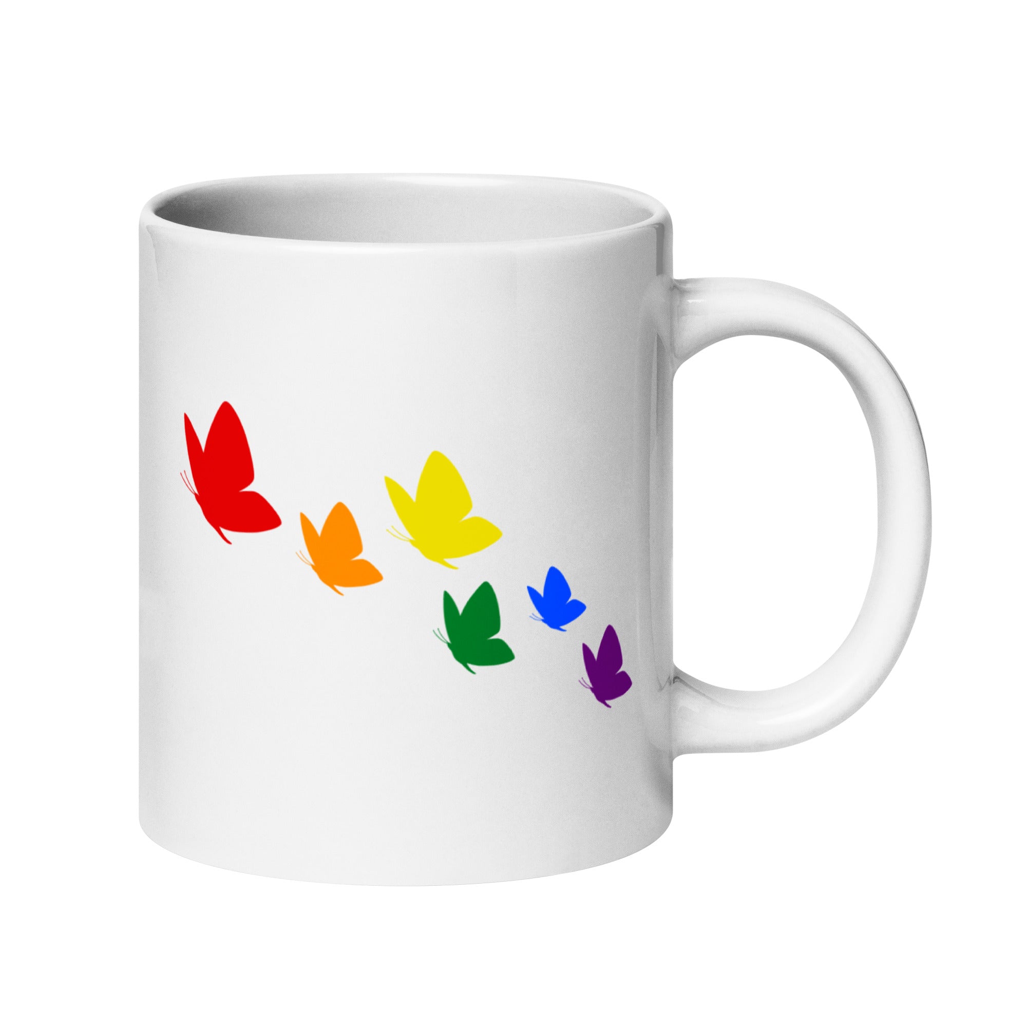 Introducing the Butterflies Mug by Pridelity: A white mug adorned with six vibrant butterflies in a diagonal arrangement. These butterflies showcase a stunning gradient from red to purple, reflecting the colors of the rainbow, making it an ideal addition to your Pride Collection.