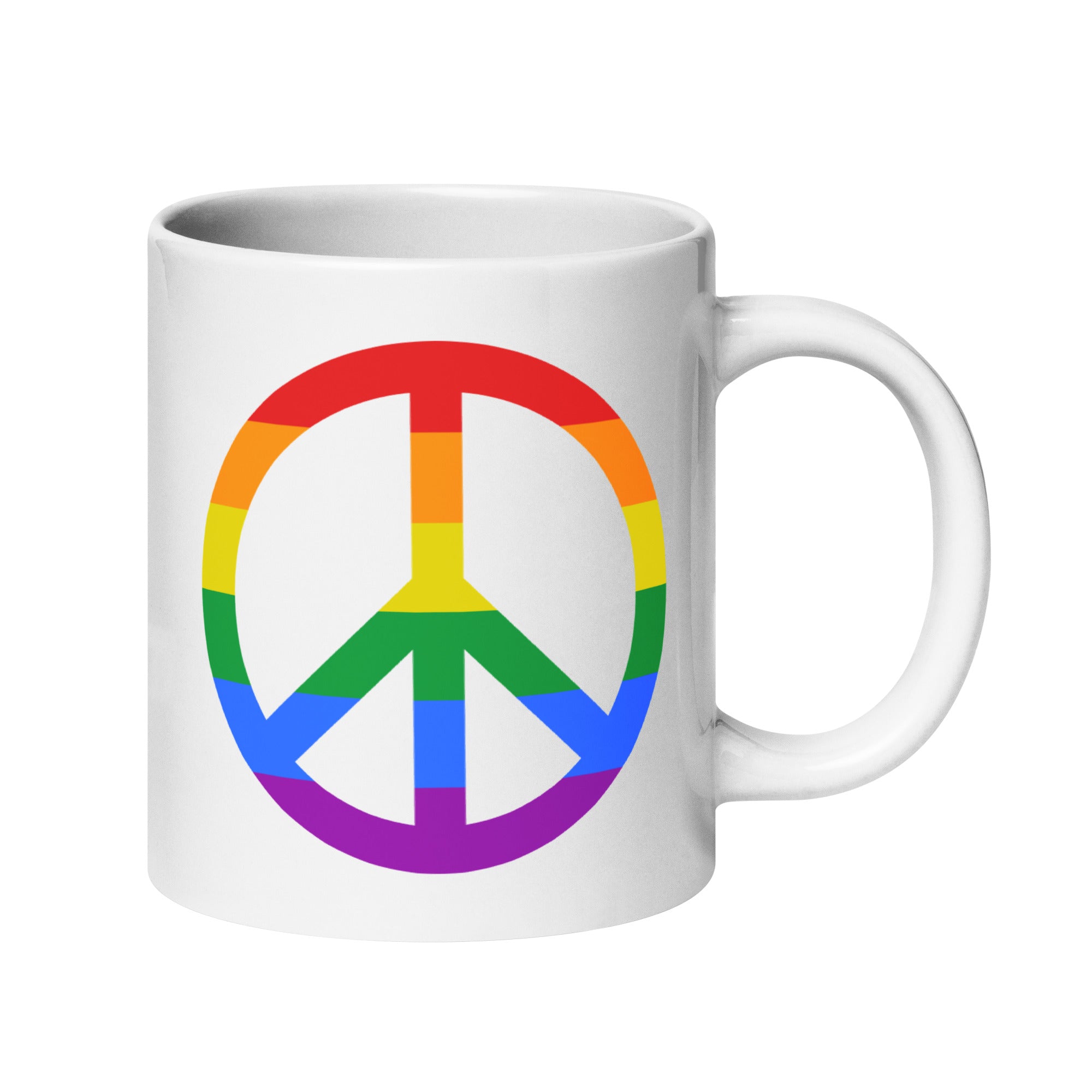 The Peace Mug by Pridelity from the Pride Collections 2025 showcases a vibrant, rainbow-colored peace symbol on its side and comes in white.