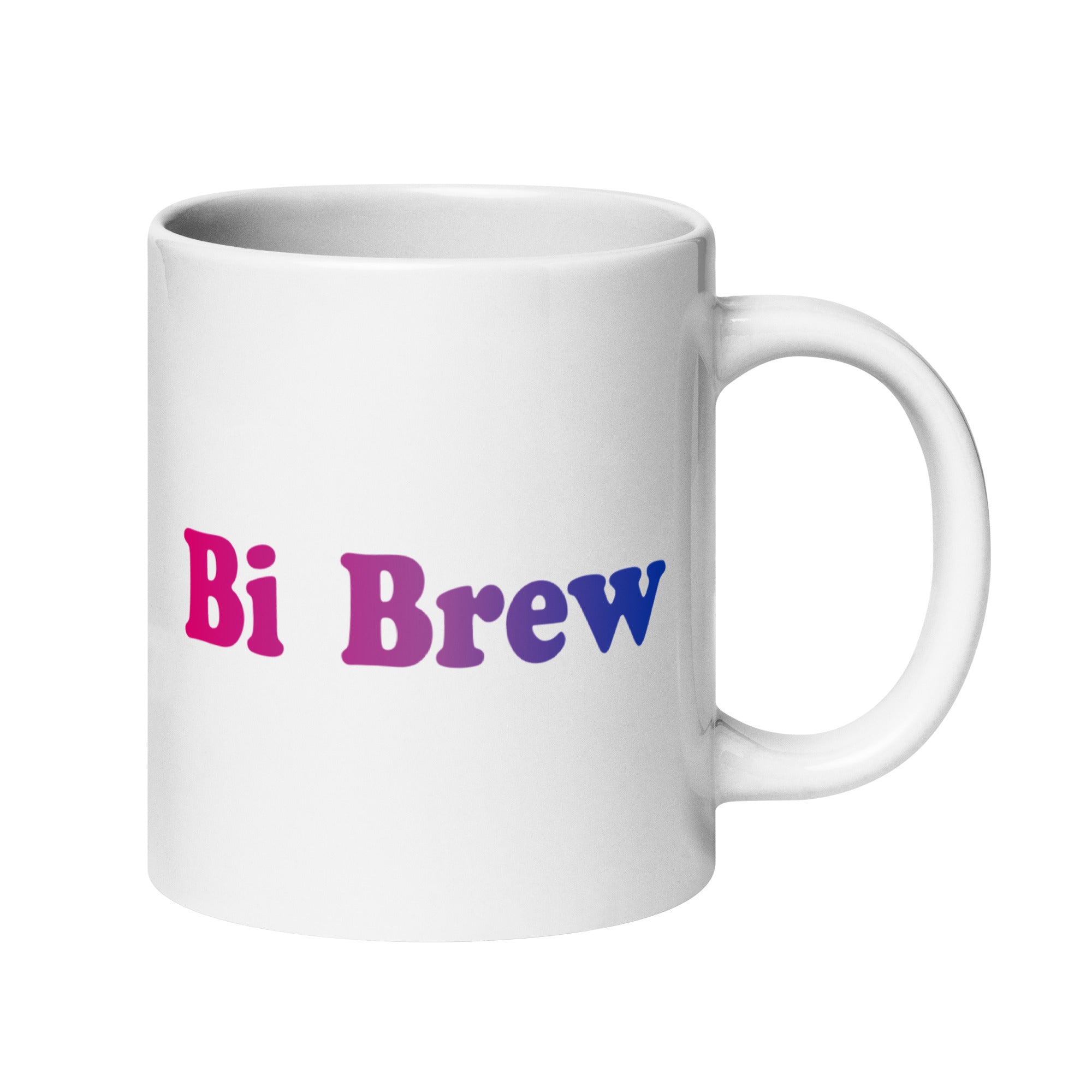 Introducing Pridelity's Bi Brew Mug: a stylish white mug adorned with the vibrant pride colors, featuring pink on the left and blue on the right—a perfect addition to any pride collection.