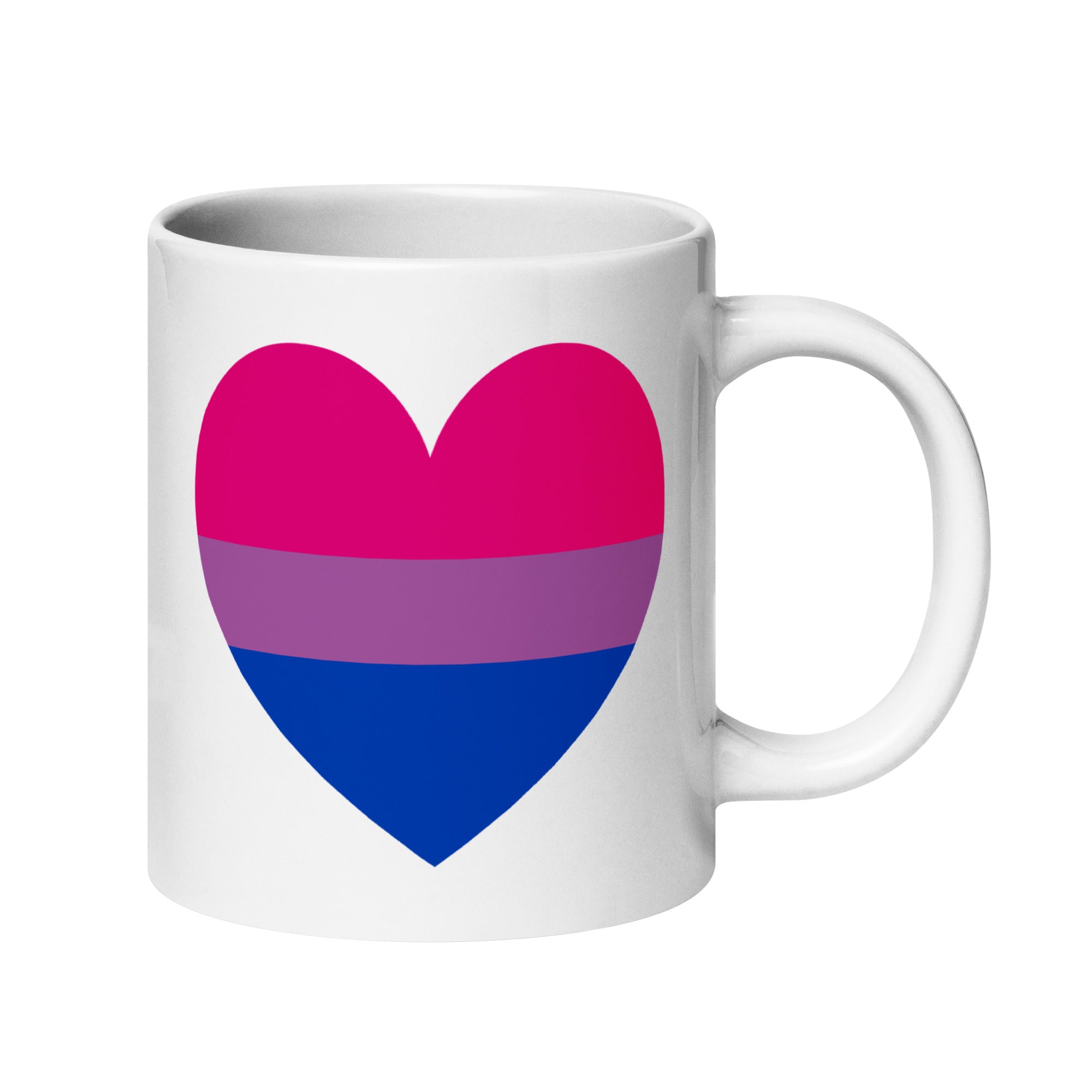 The Bisexual Heart Mug by Pridelity showcases a white mug adorned with a heart bearing horizontal stripes in pink, purple, and blue, symbolizing the bisexual pride flag.