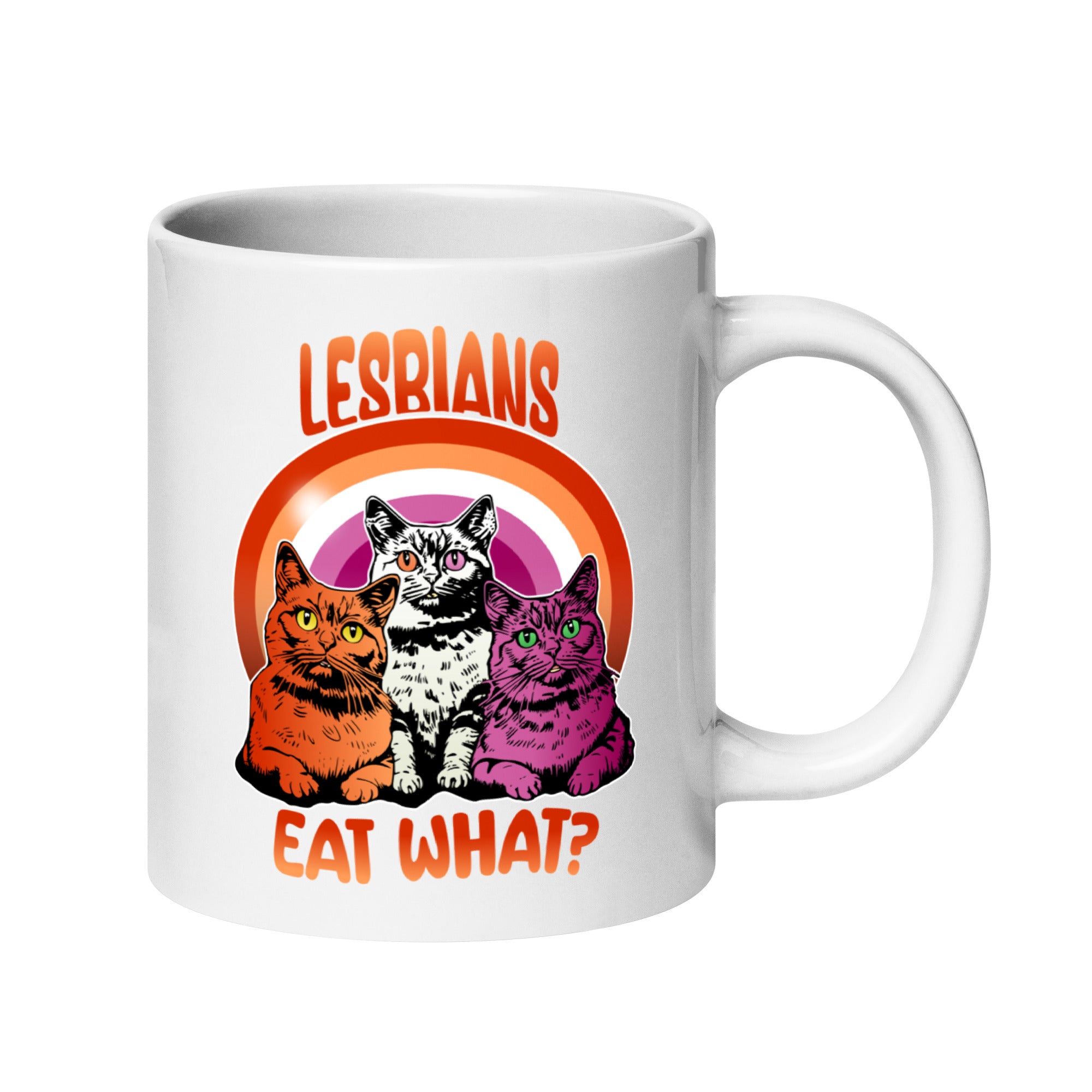 As part of Pridelity's finest Pride Collections 2025, the Lesbians Eat What Mug features a vibrant design with three colorful cats. The playful artwork is complemented by bold, retro-style orange text reading 