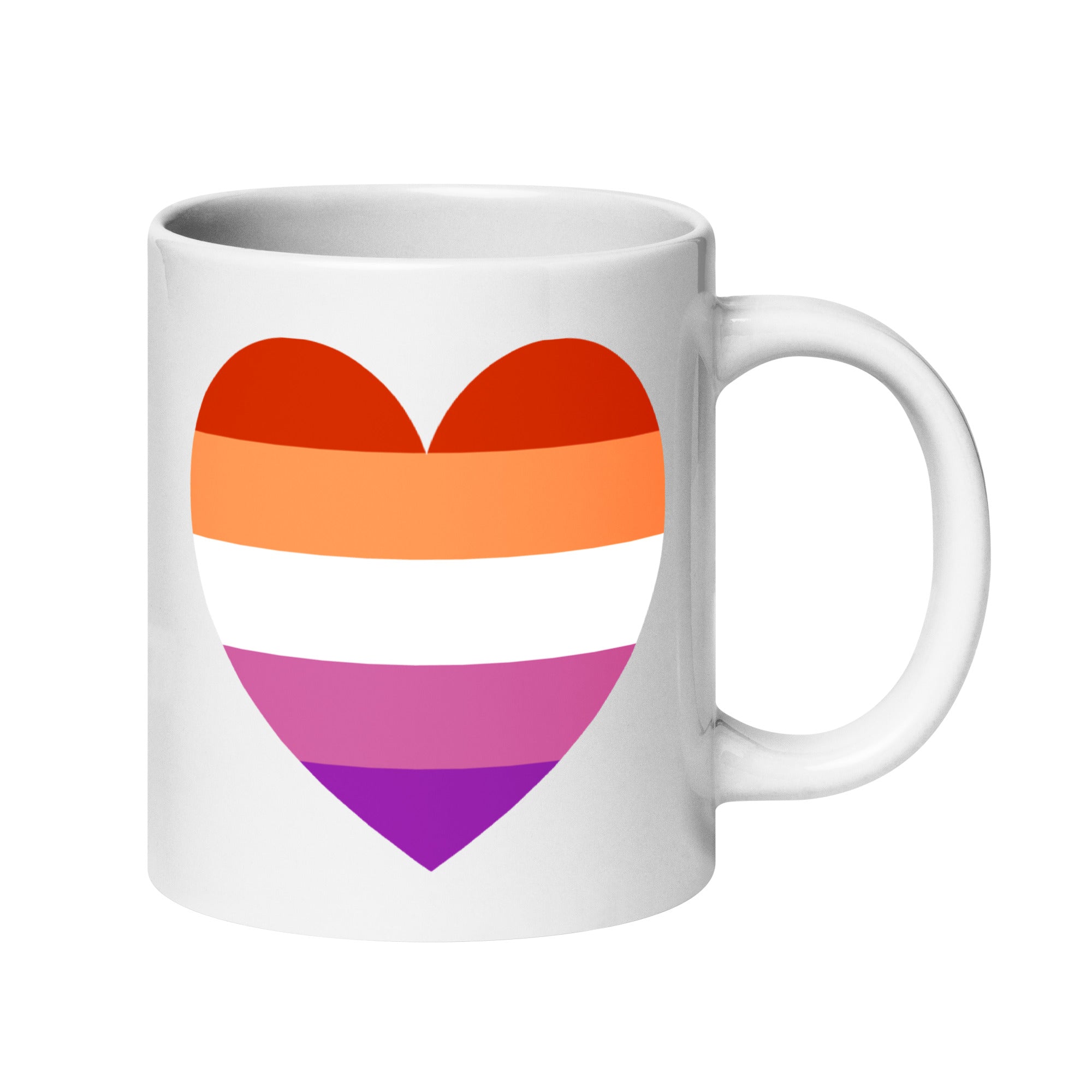 The Pridelity Lesbian Heart Mug features a striking heart design with horizontal stripes in vibrant shades of red, orange, white, and pink. Centered to symbolize inclusivity and diversity, this exclusive piece is a standout in the best Pride collections of 2025.