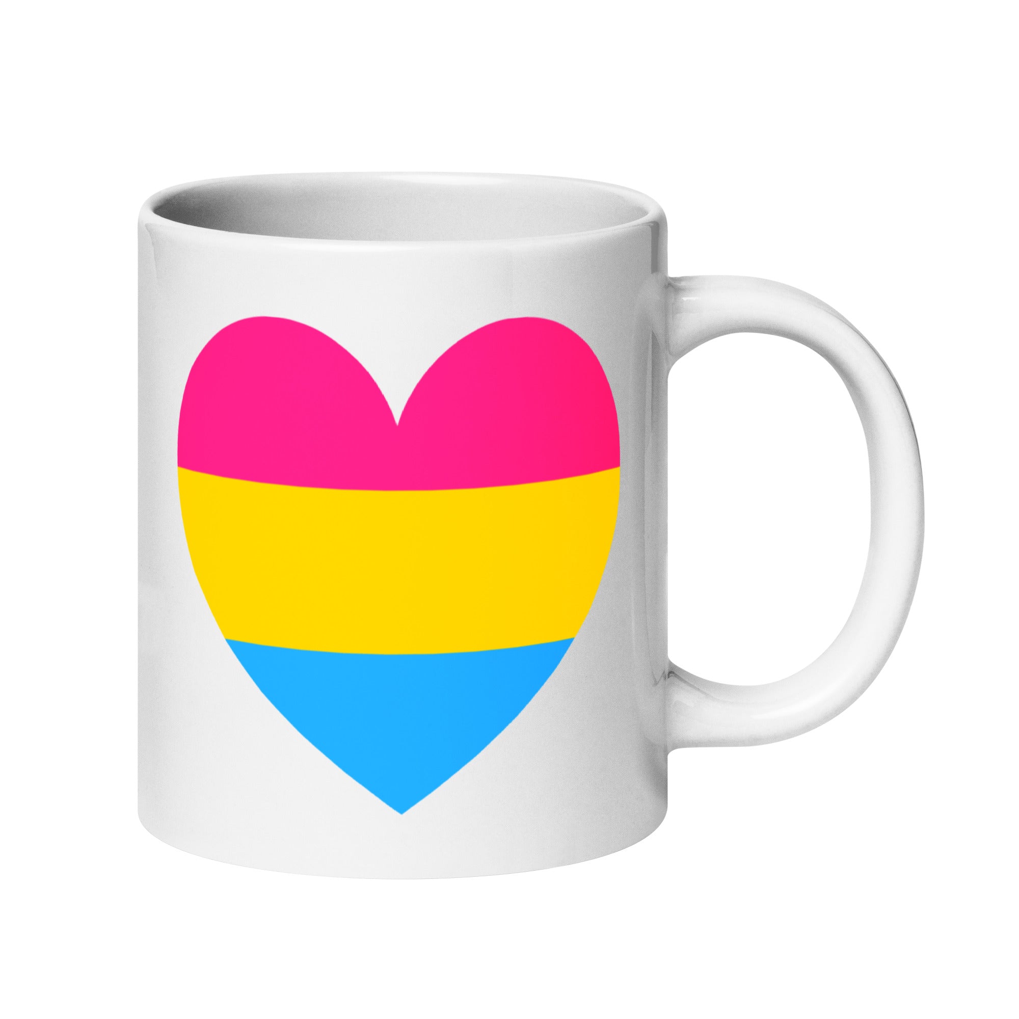 Introducing the Pan Heart Mug by Pridelity, a white cup from the Pride Collections 2025 adorned with a heart design showcasing three horizontal stripes: pink at the top, yellow in the middle, and blue at the bottom.